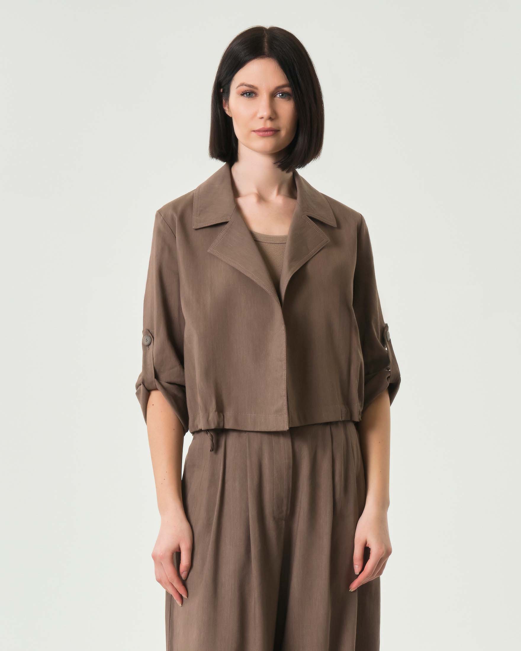 Shacket cropped color nocciola Marella Monochrome in misto lino
