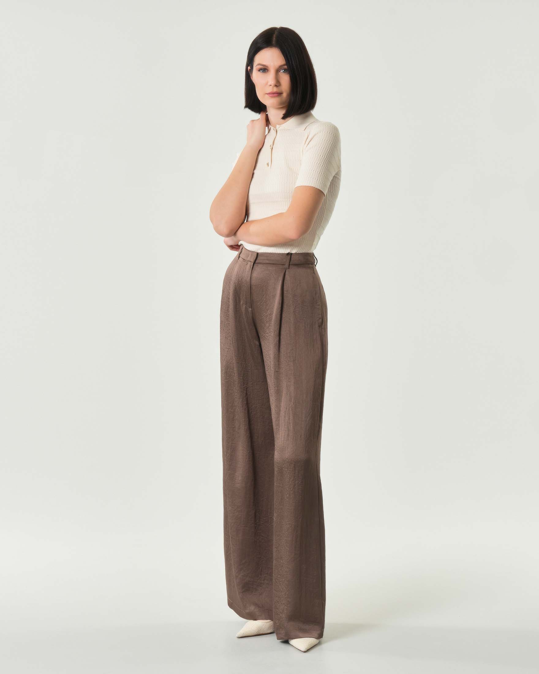 Pantaloni wide nocciola Marella Monochrome dalla vestibilità fluida in tessuto effetto crinckle