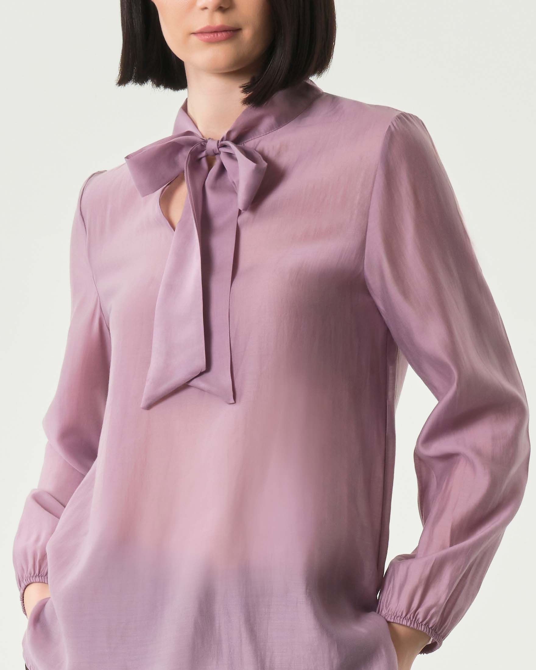 Camicia color ciclamino Hlo! con maniche ampie e fiocco al collo image