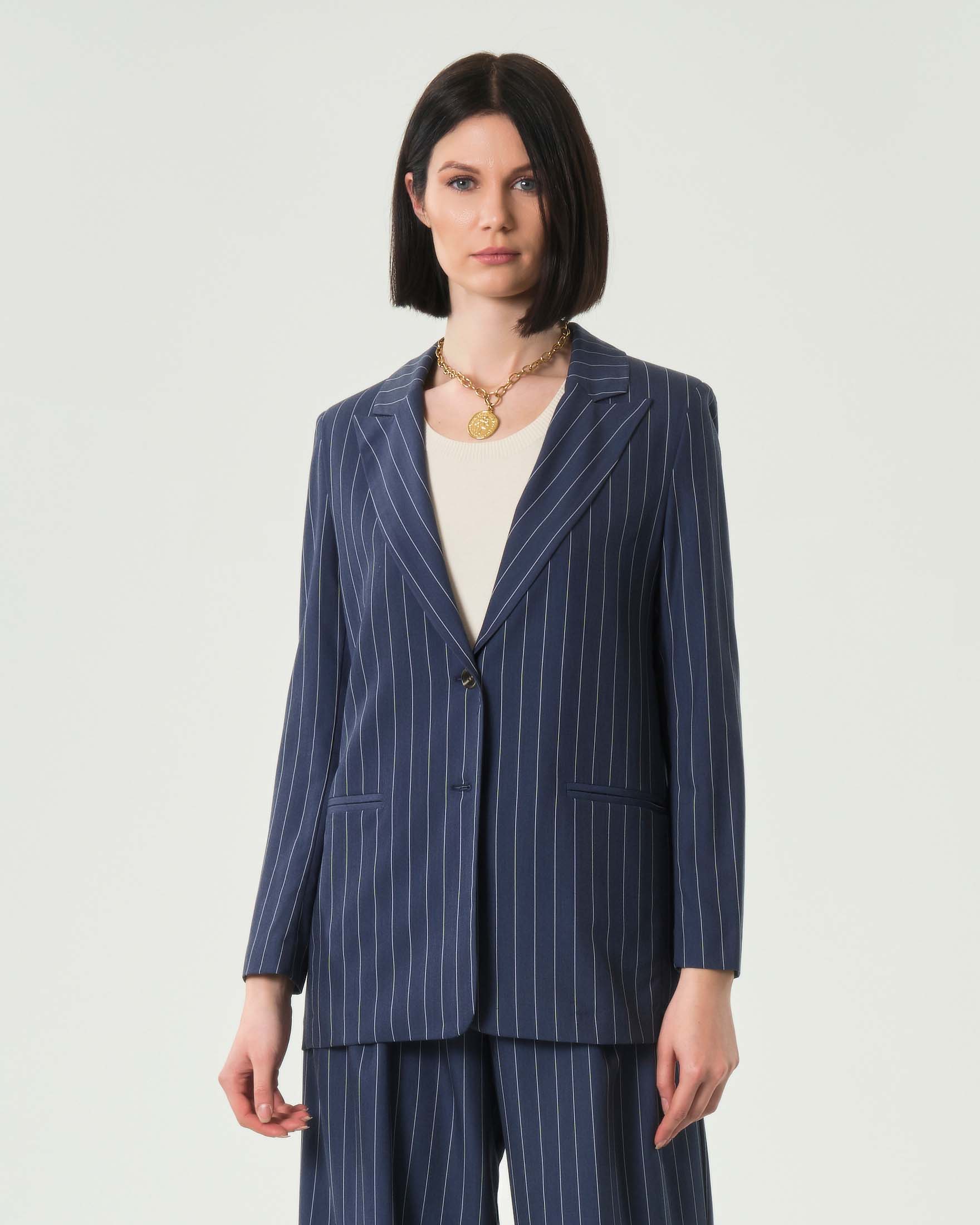 Blazer monopetto blu gessato oversize in misto viscosa