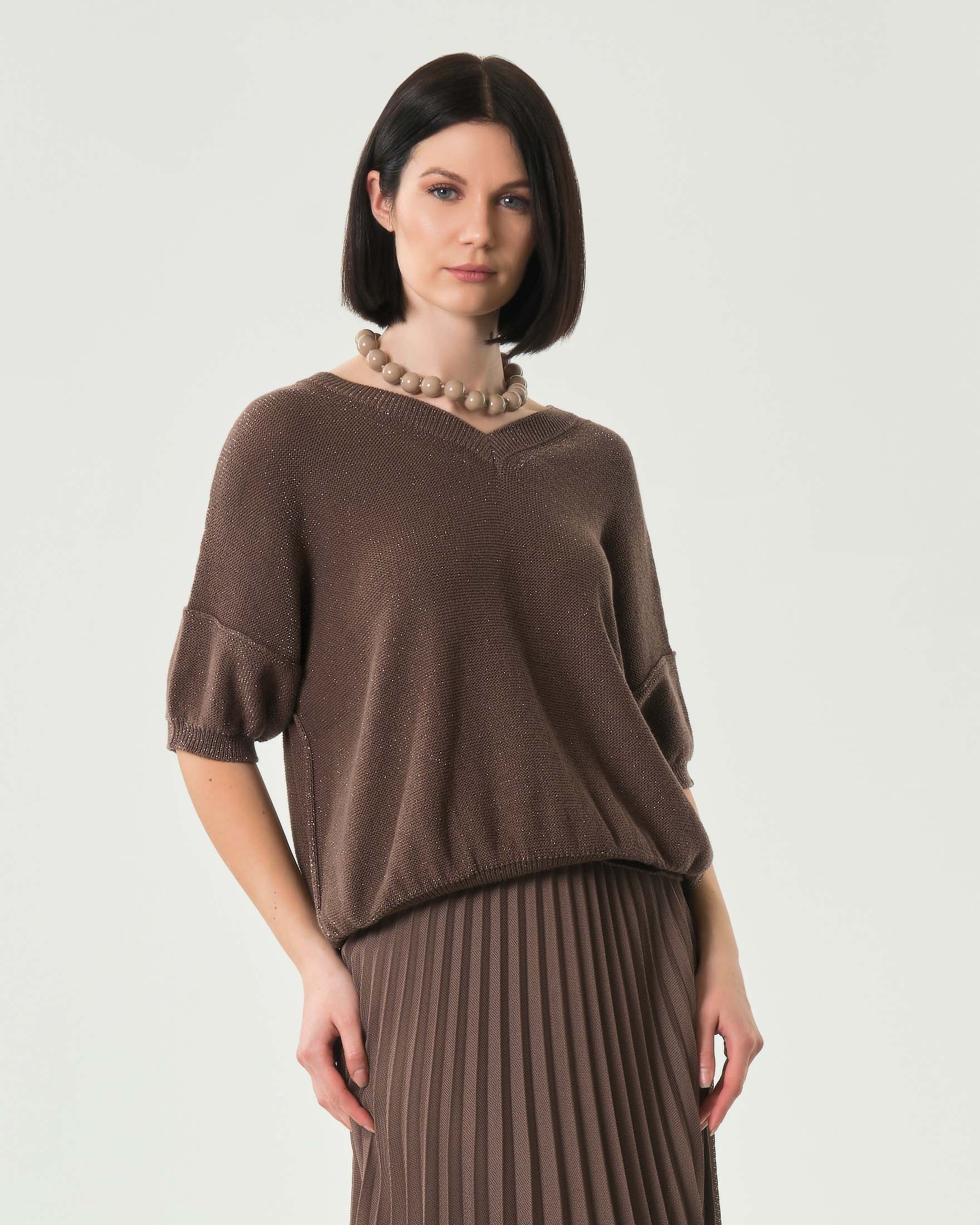 Maglia marrone Marella Monochrome in misto cotone con inserti in lurex e maniche a tre quarti