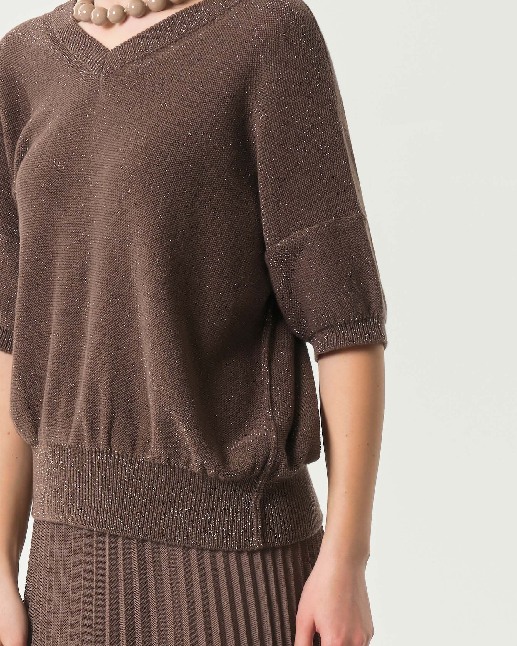 Maglia marrone Marella Monochrome in misto cotone con inserti in lurex e maniche a tre quarti