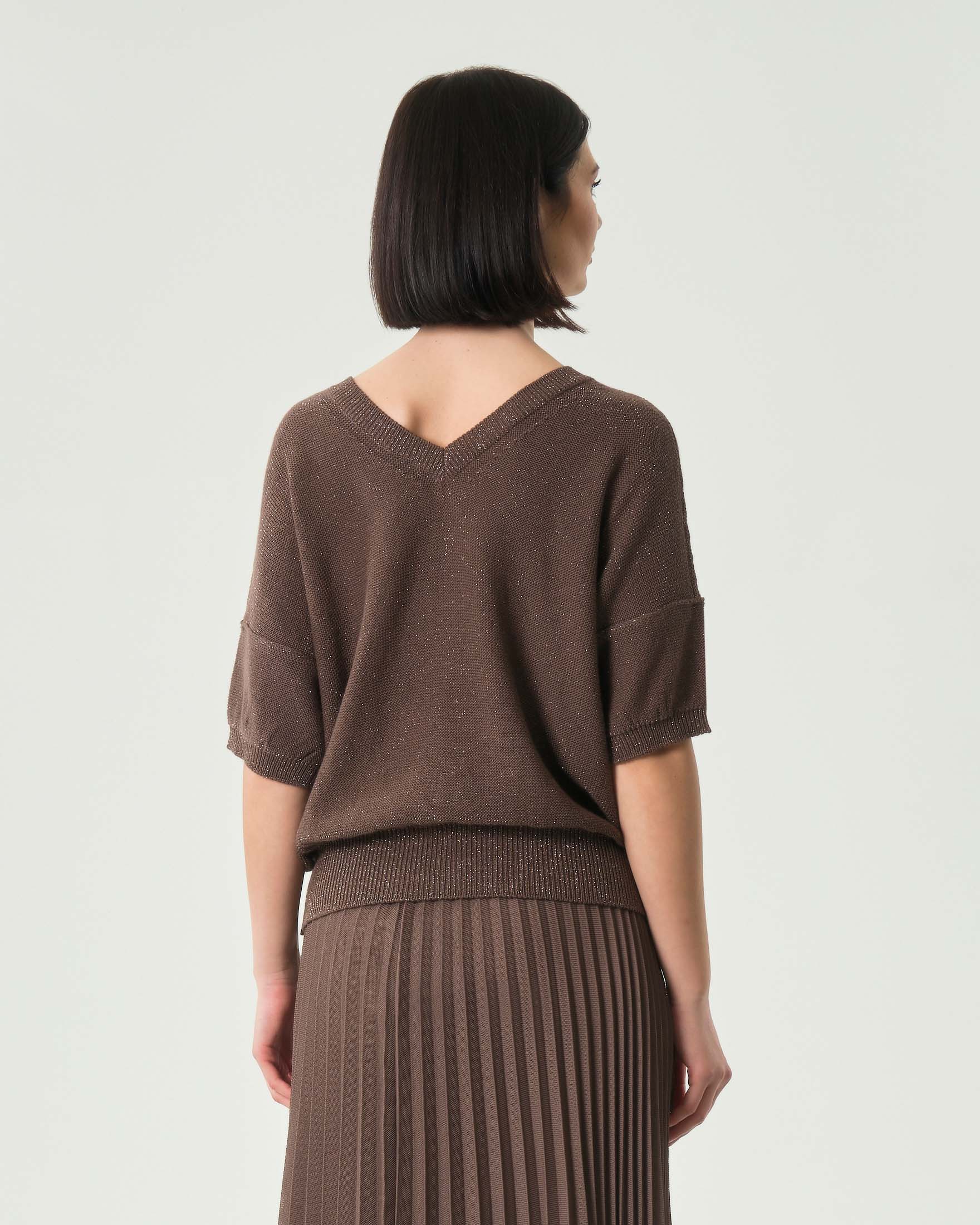 Maglia marrone Marella Monochrome in misto cotone con inserti in lurex e maniche a tre quarti