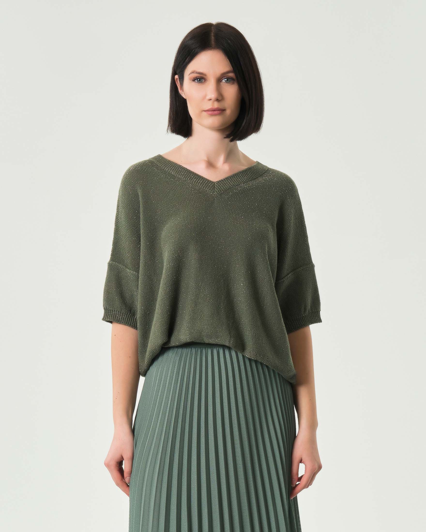 Maglia verde militare Marella Monochrome in misto cotone con inserti in lurex e maniche a tre quarti