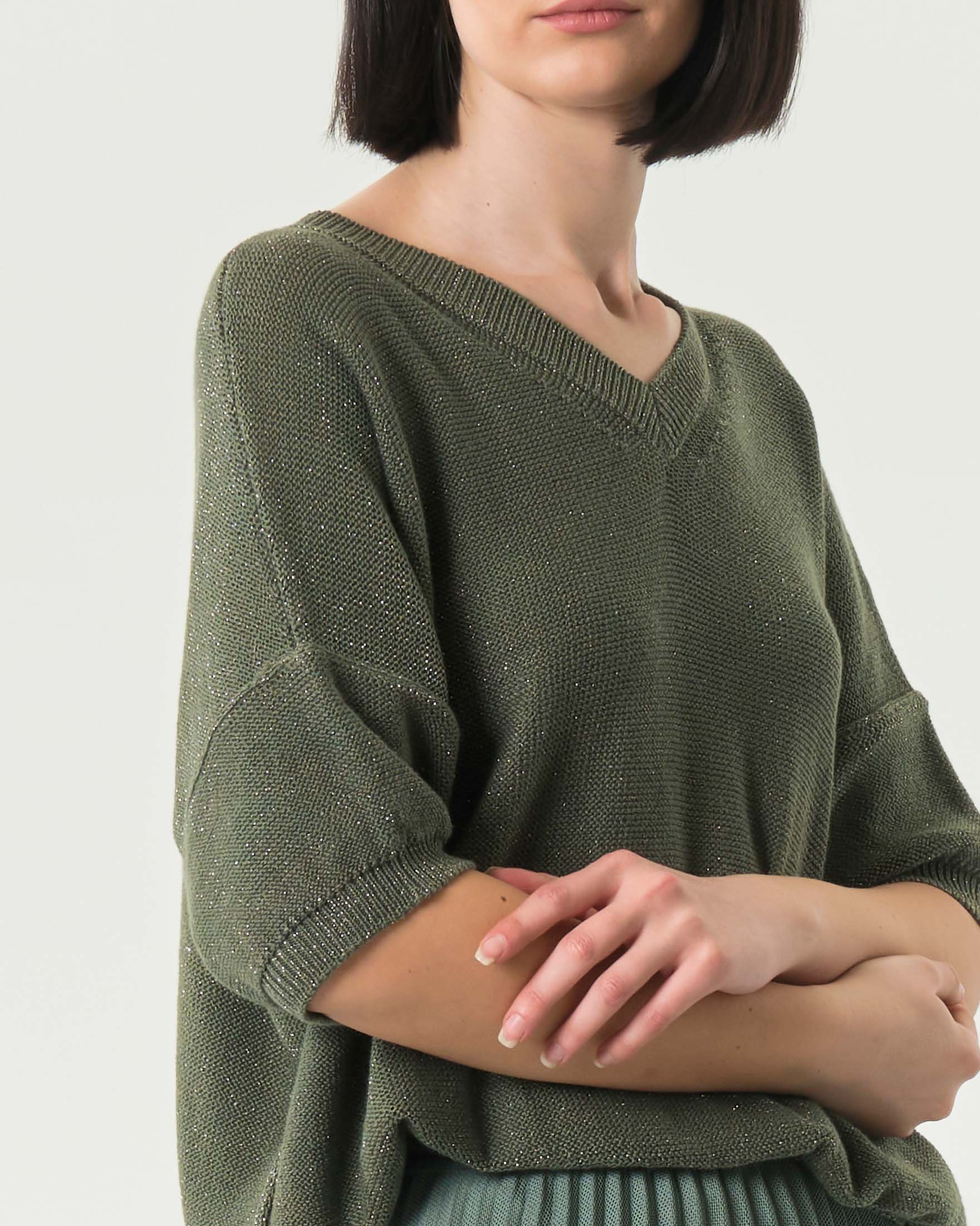 Maglia verde militare Marella Monochrome in misto cotone con inserti in lurex e maniche a tre quarti image