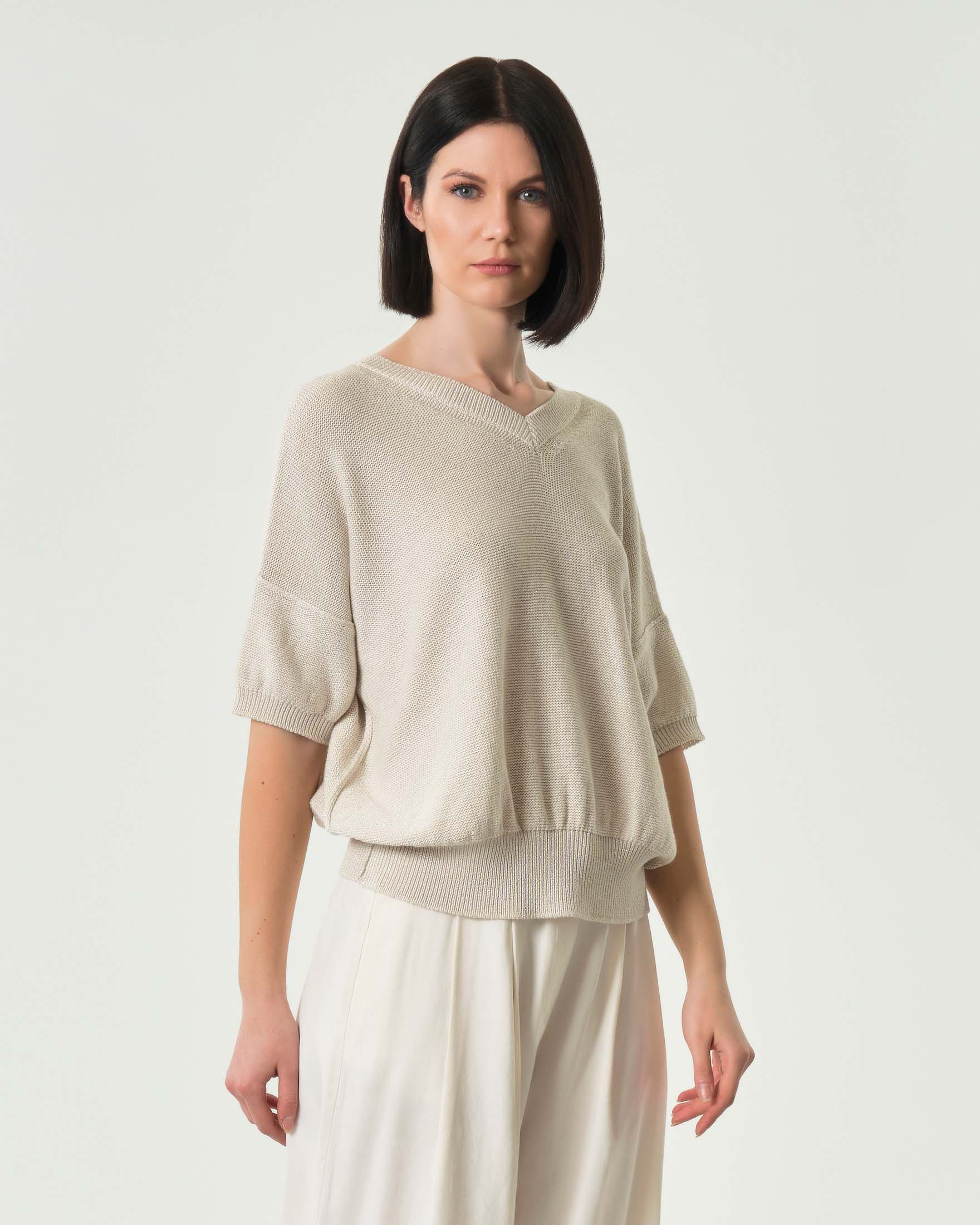 Maglia avorio Marella Monochrome in misto cotone con inserti in lurex a maniche tre quarti