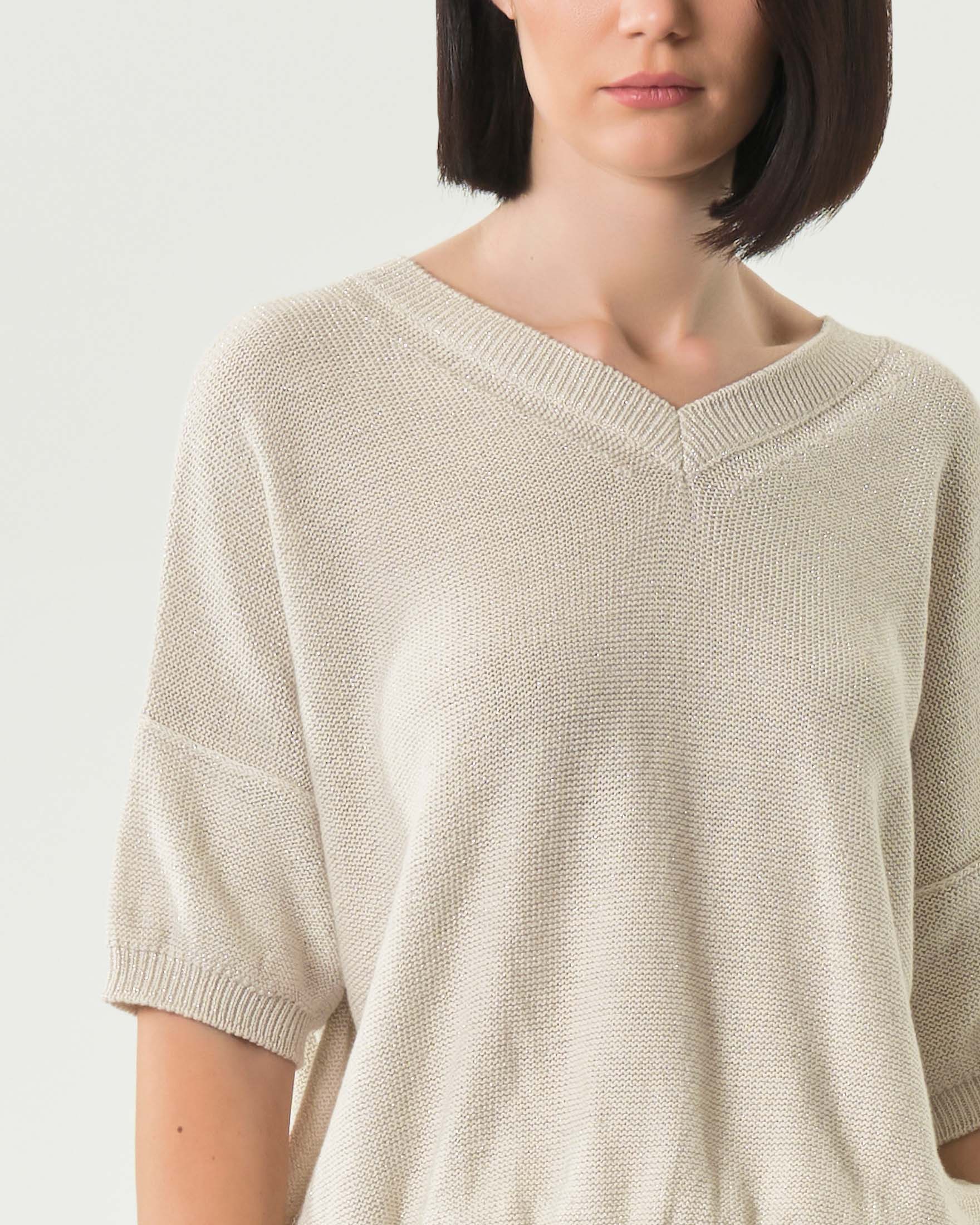 Maglia avorio Marella Monochrome in misto cotone con inserti in lurex a maniche tre quarti