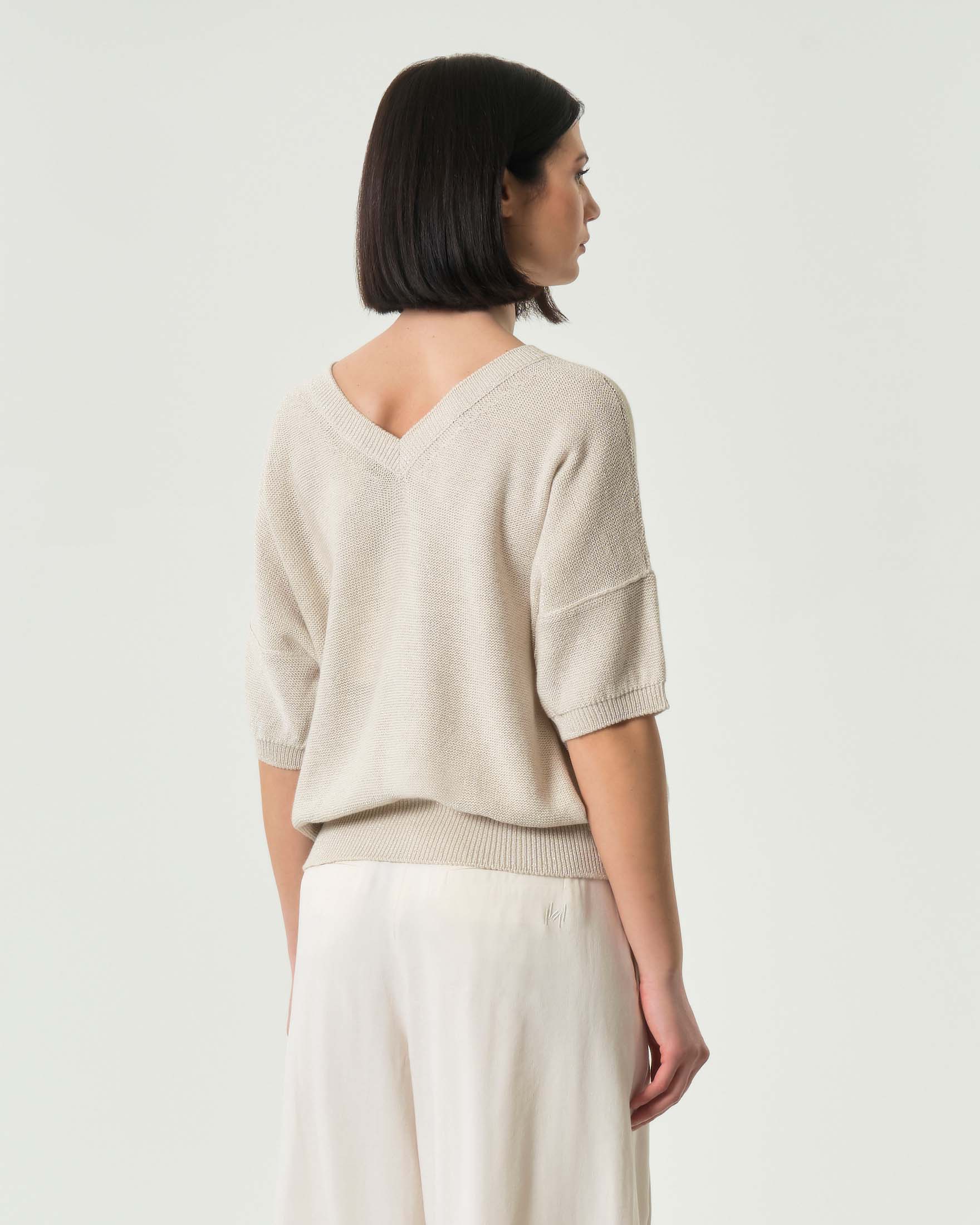 Maglia avorio Marella Monochrome in misto cotone con inserti in lurex a maniche tre quarti