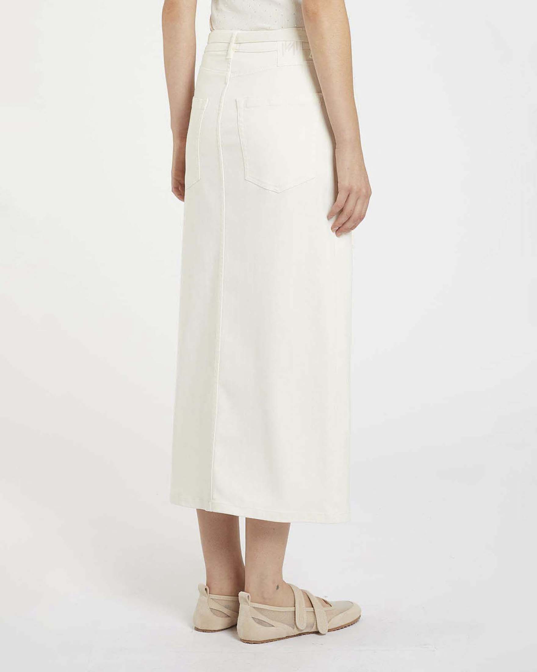 Gonna midi bianca Marella Monochrome in bull di cotone stretch con cintura e fibbia metallica image