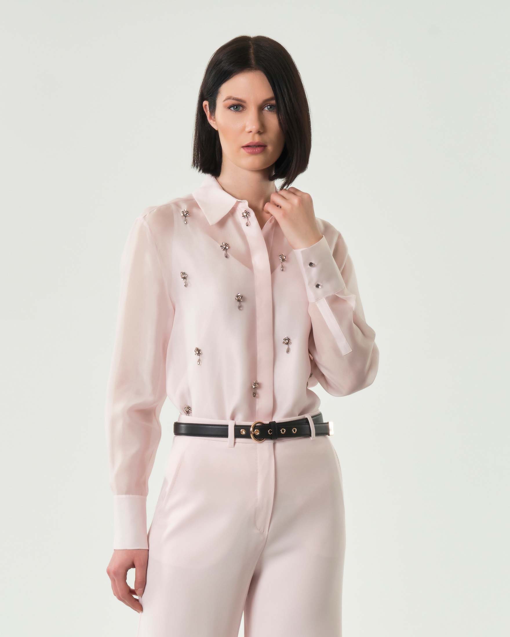 Camicia rosa Studio in organza di pura seta con decorazioni gioiello