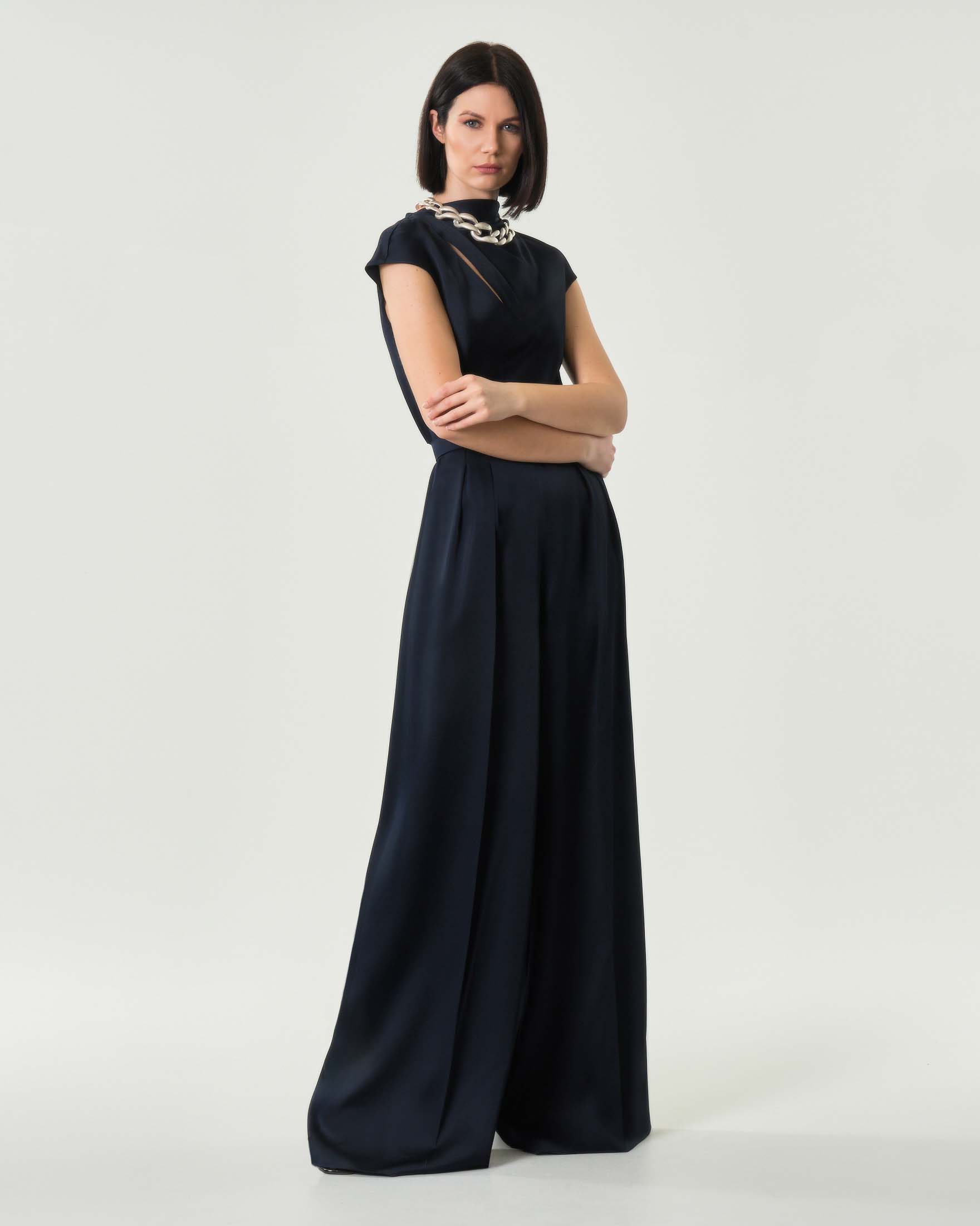 MAX MARA - STUDIO — Tuta blu a maniche corte Max Mara Studio in envers satin con corpetto drappeggiato