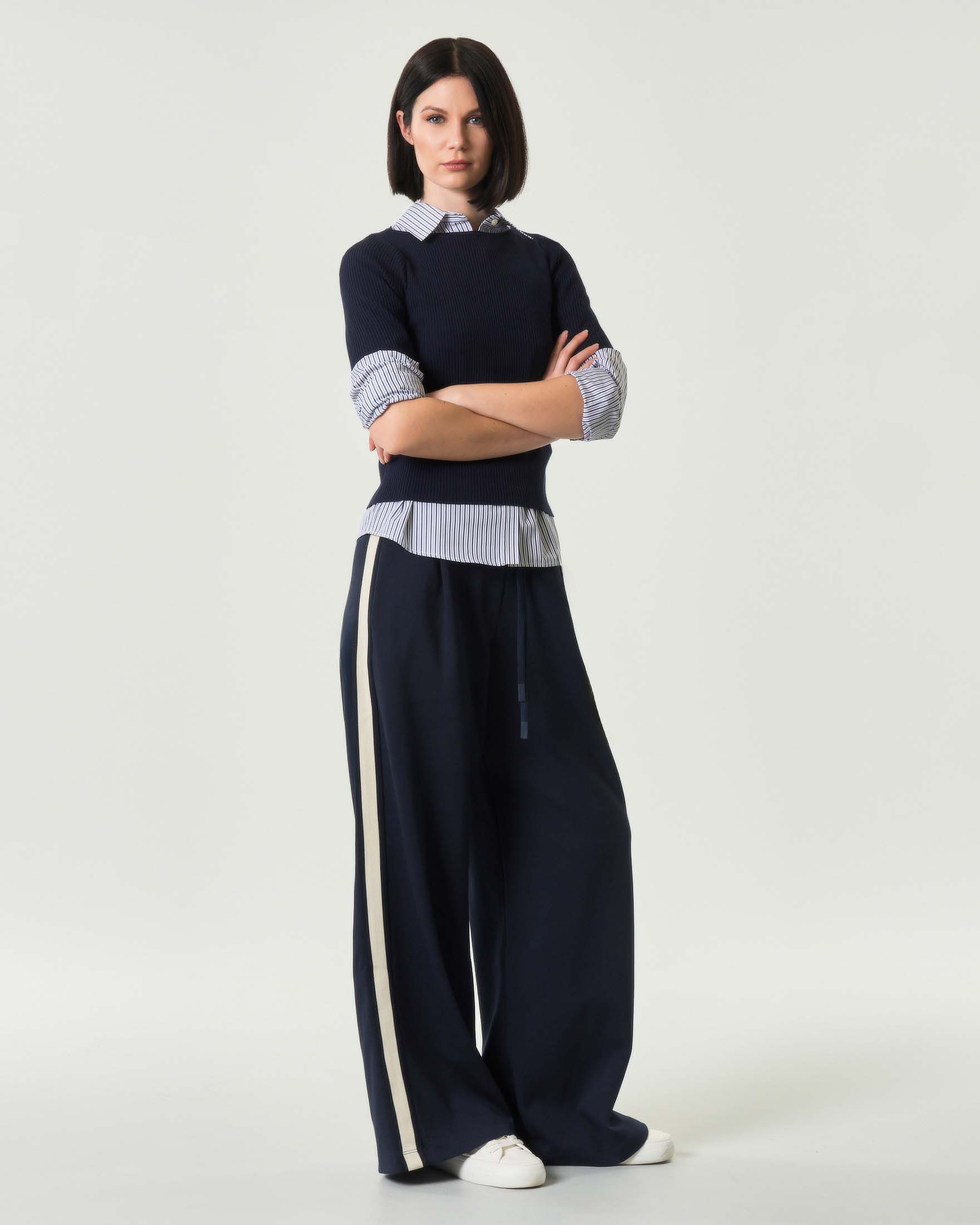 Pantaloni blu Weekend wide in jersey di cotone con bande