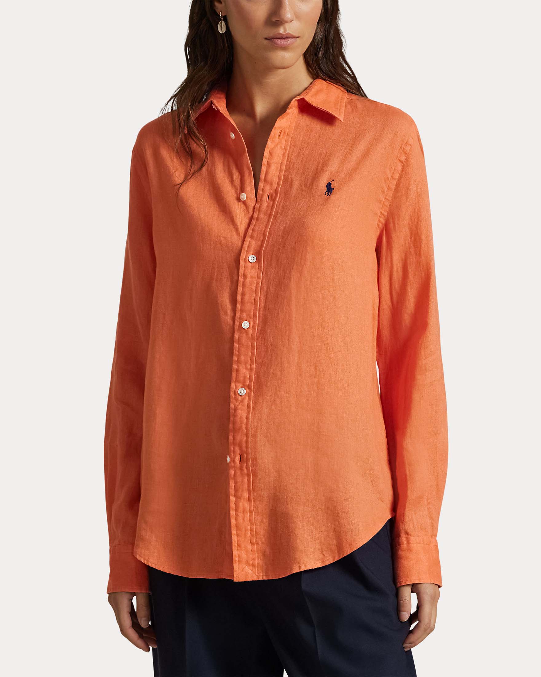 Camicia arancione Polo in puro lino con logo Pony
