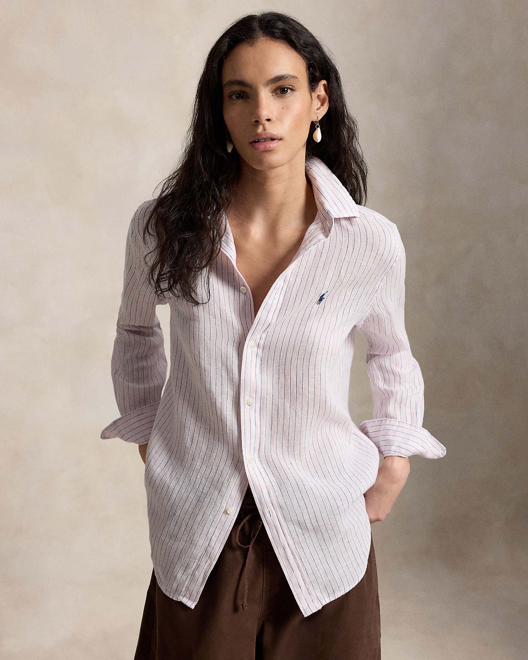 Camicia rosa a righe celesti Polo in puro lino con logo Pony