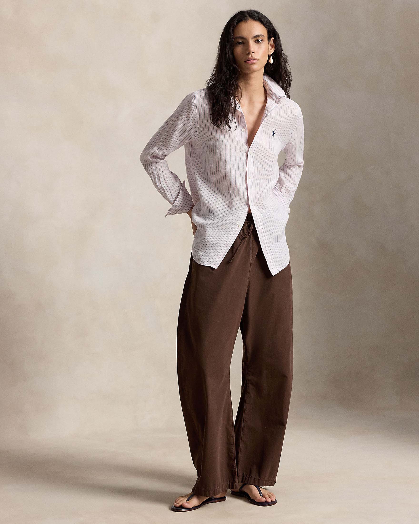 Camicia rosa a righe celesti Polo Ralph Lauren in puro lino con logo Pony image