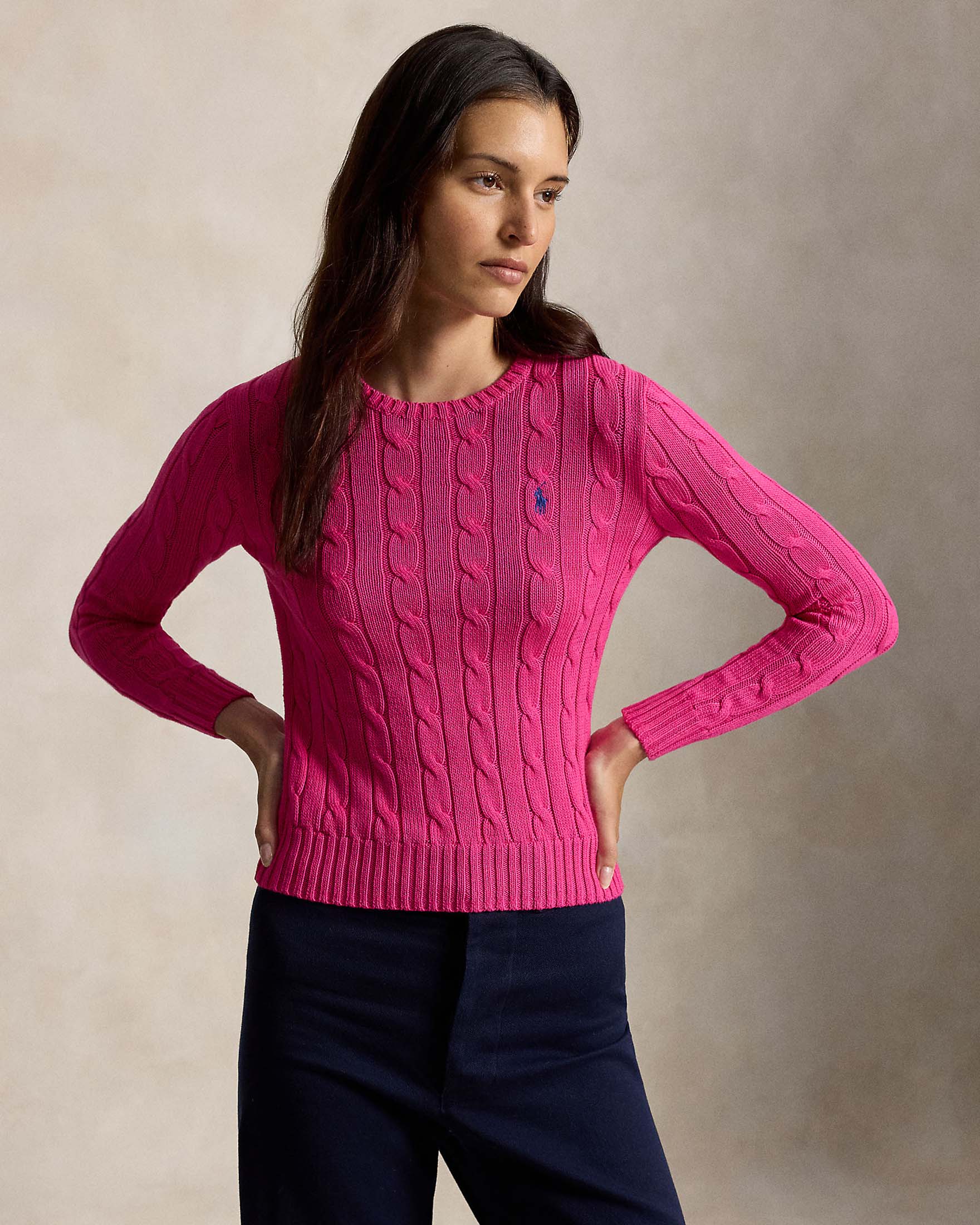Maglioncino girocollo fucsia a trecce Polo Ralph Lauren in cotone pima con logo Pony ricamato