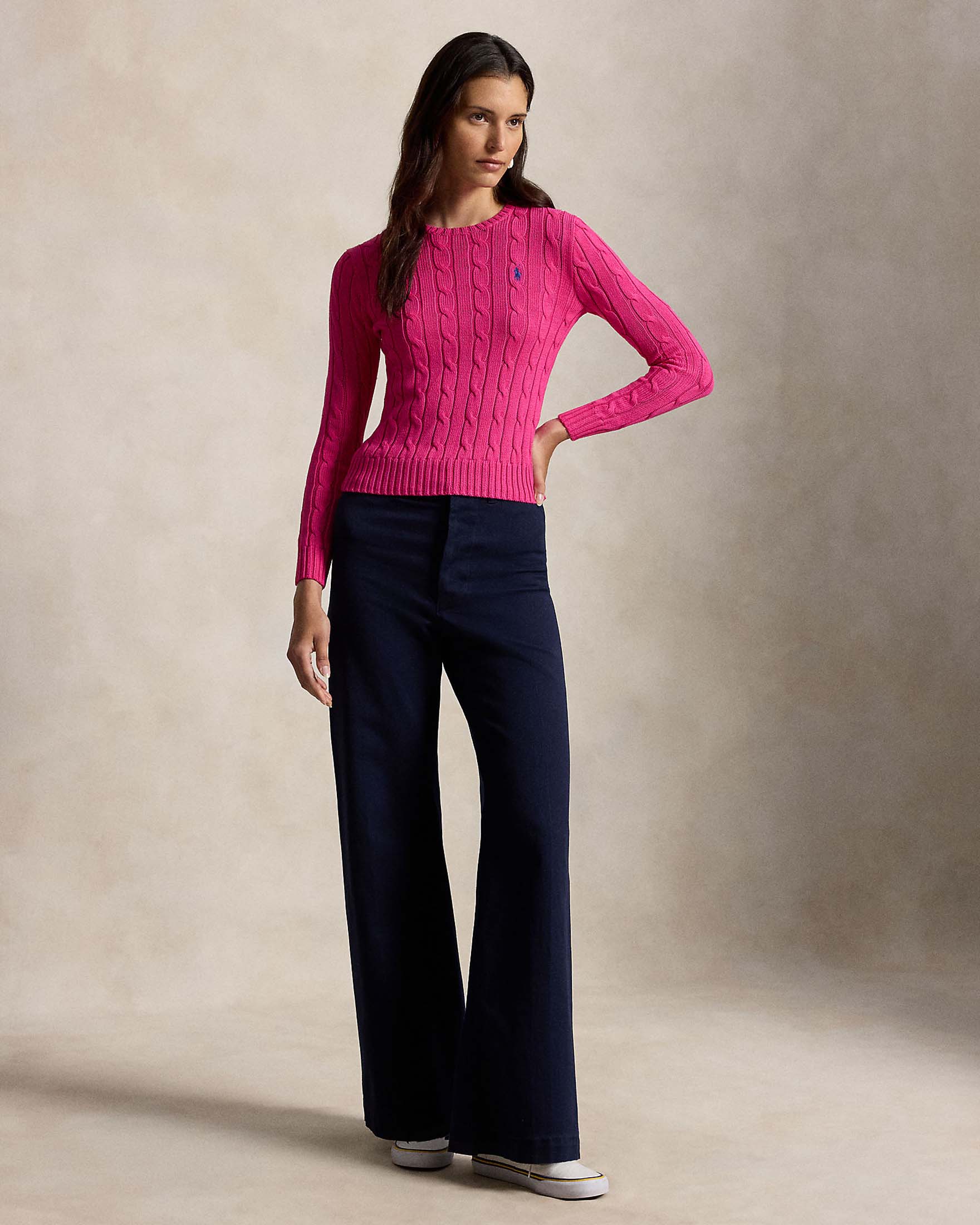 Maglioncino girocollo fucsia a trecce Polo Ralph Lauren in cotone pima con logo Pony ricamato image