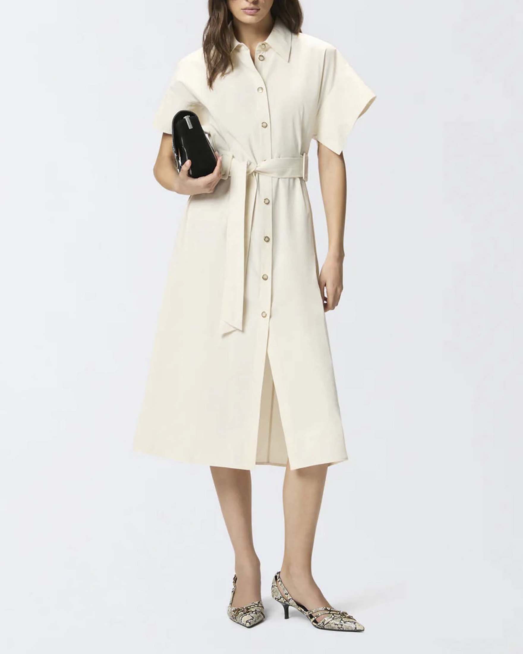 Abito chemisier midi écru Pinko con collo a camicia e cintura in vita