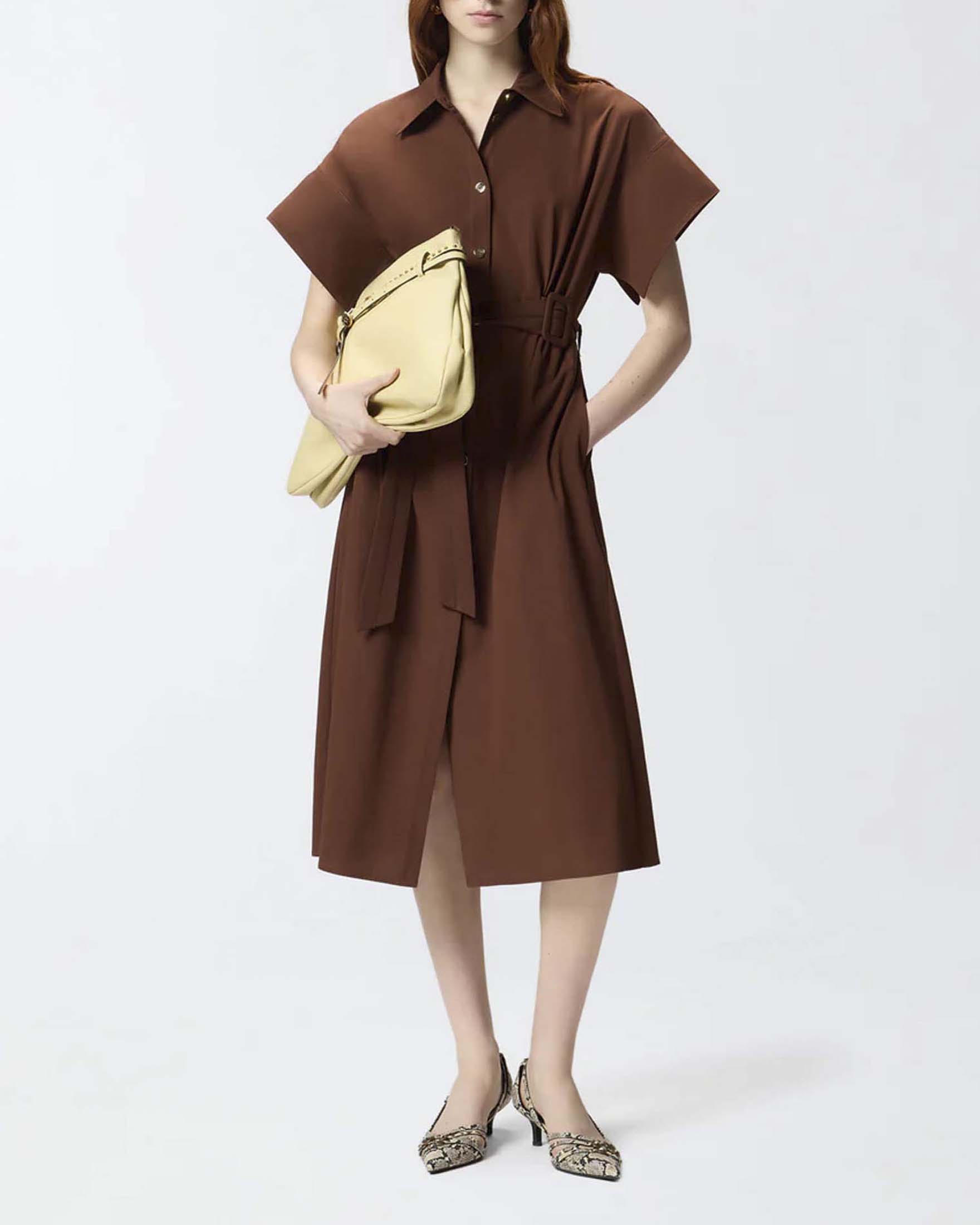 Abito chemisier midi color coccio Pinko con collo a camicia e cintura in vita