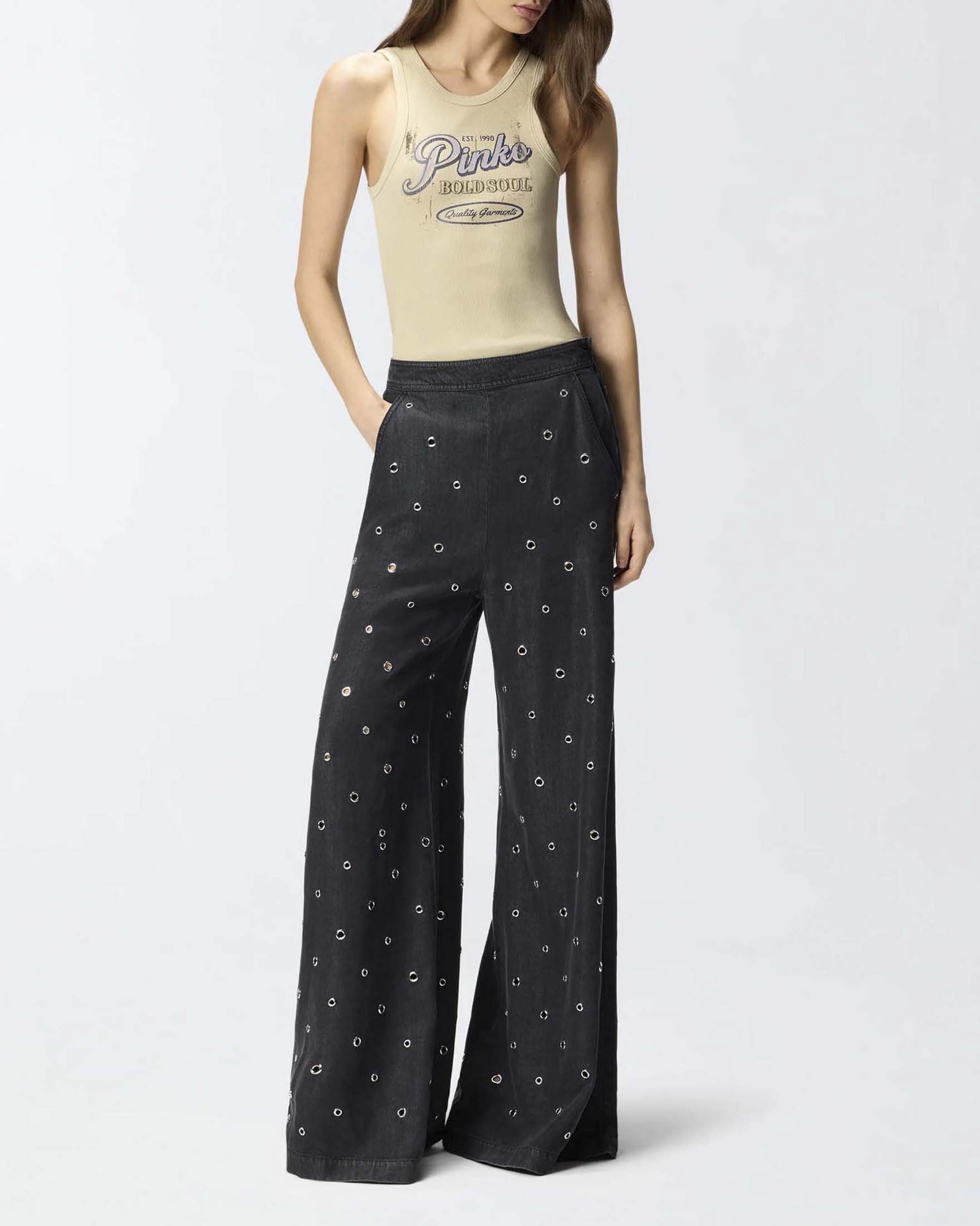 Canotta beige Pinko in cotone a coste con stampa effetto vintage