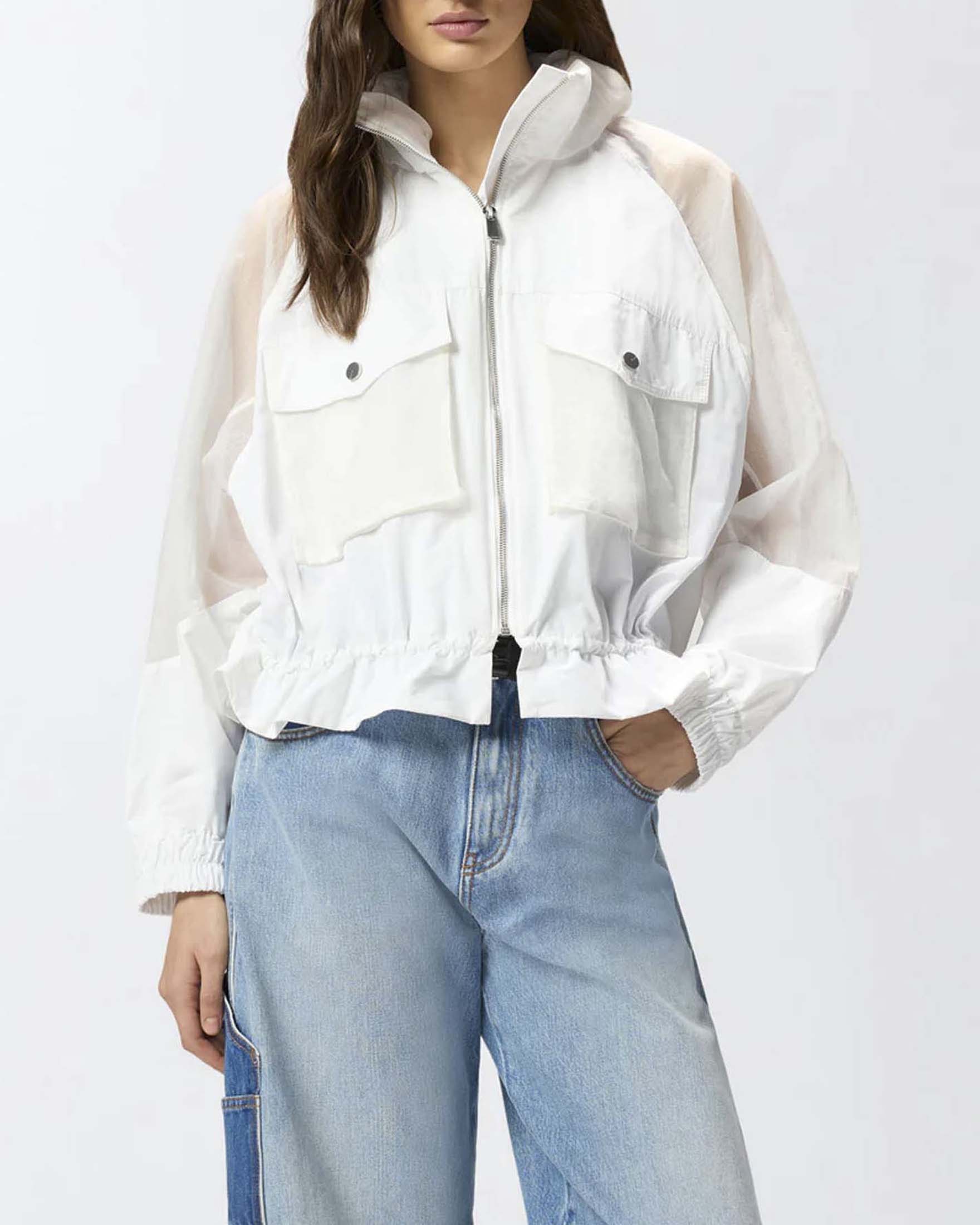 Giacca tecnica bianca Pinko con inserti trasparenti e tasche frontali a soffietto