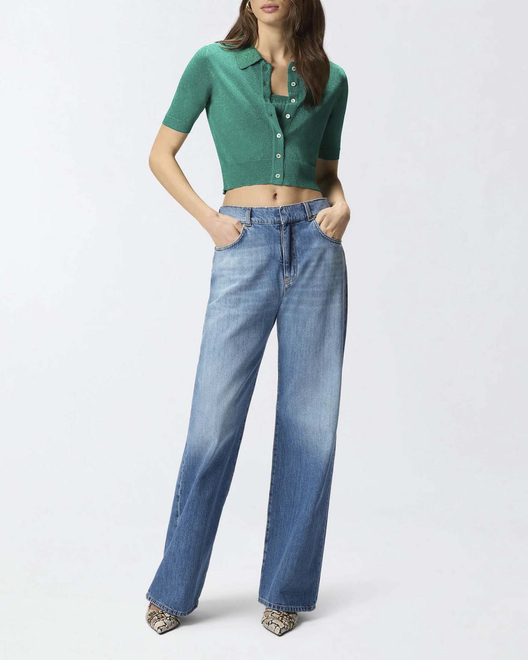 Cardigan cropped smeraldo Pinko a mezza manica con colletto a camicia