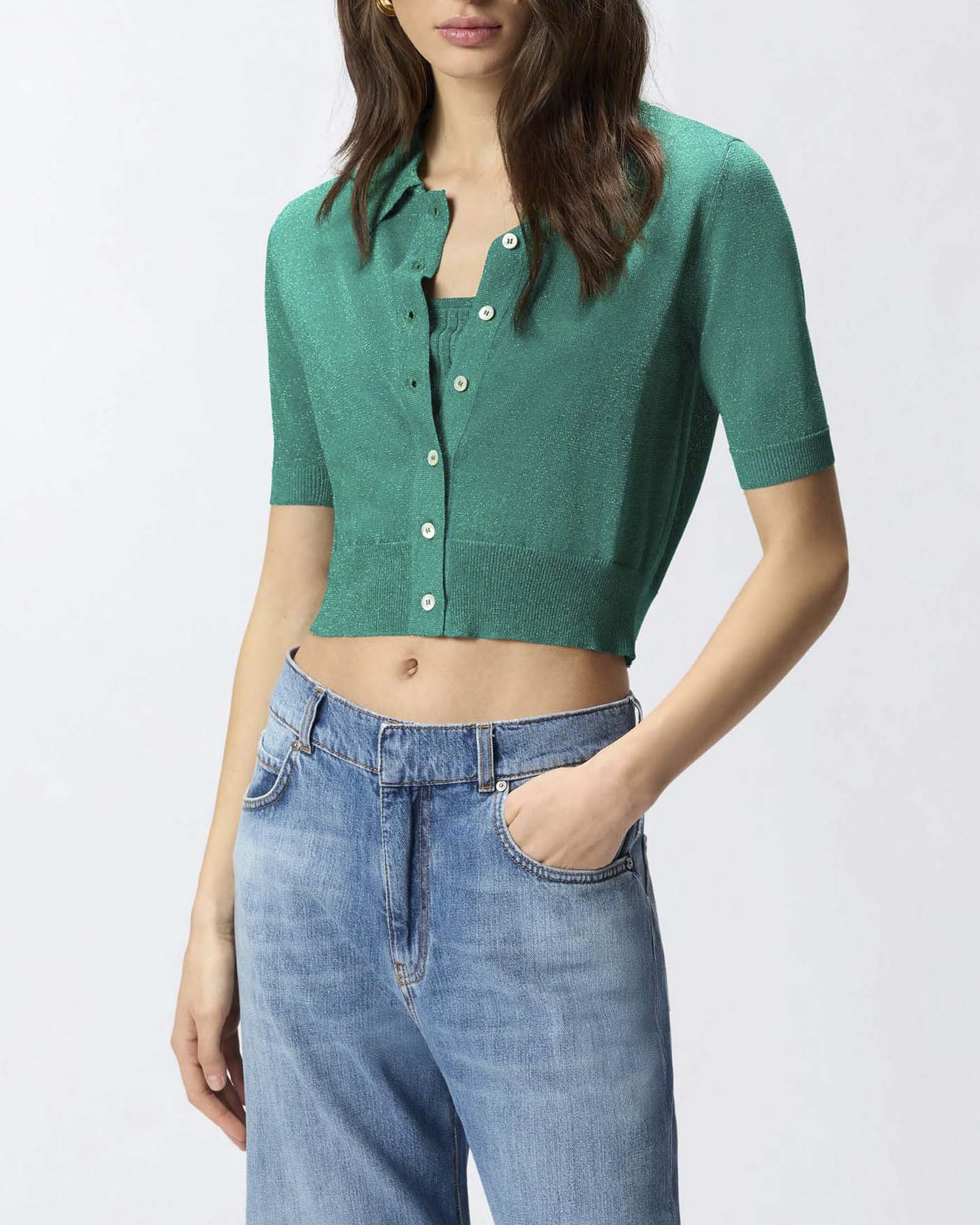 Cardigan cropped smeraldo Pinko a mezza manica con colletto a camicia image