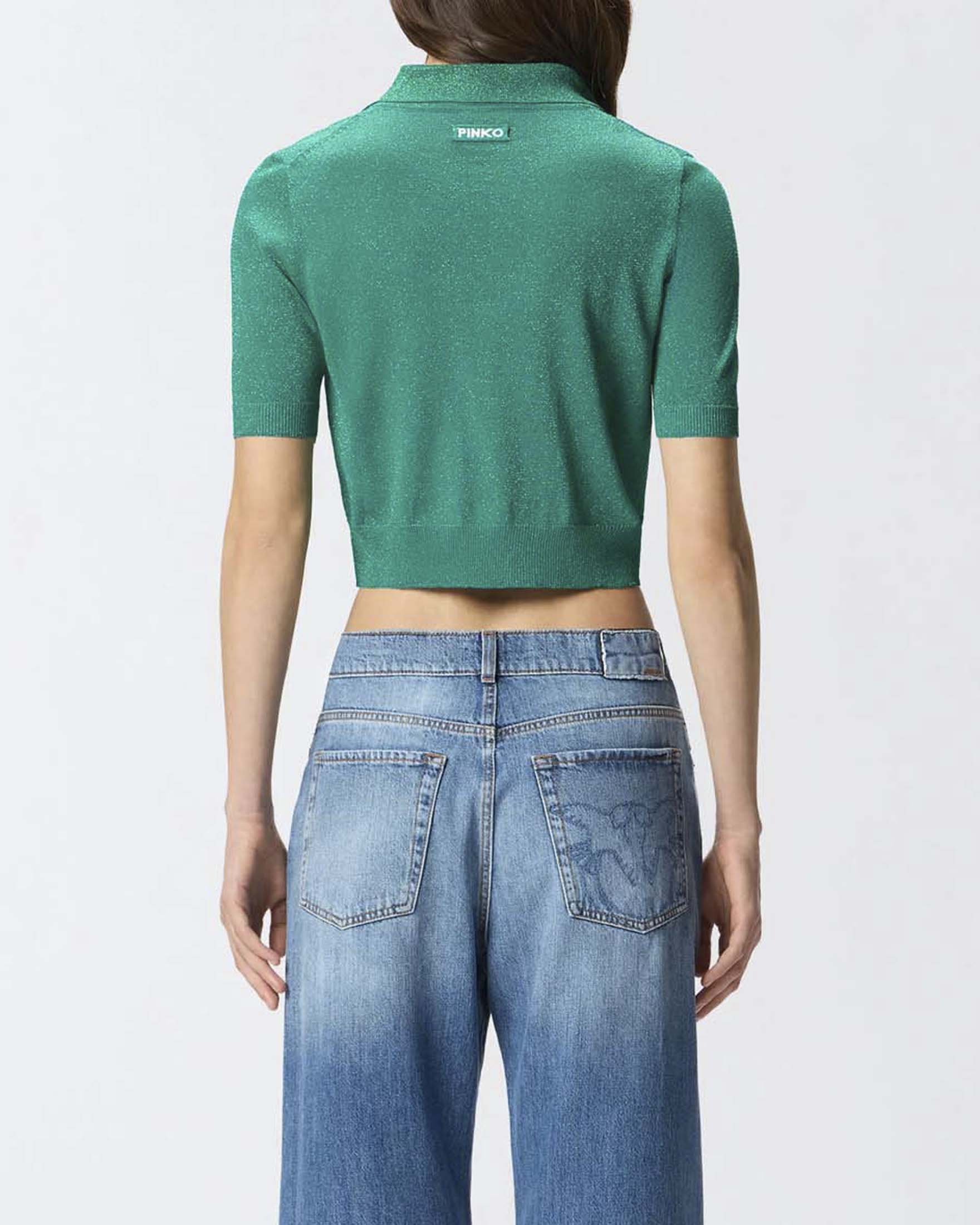 Cardigan cropped smeraldo Pinko a mezza manica con colletto a camicia