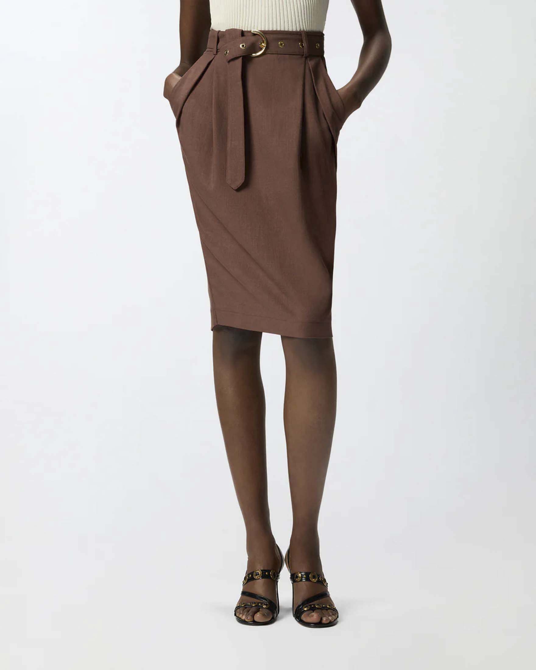 Gonna longuette marrone Pinko aderente con cintura e pince image