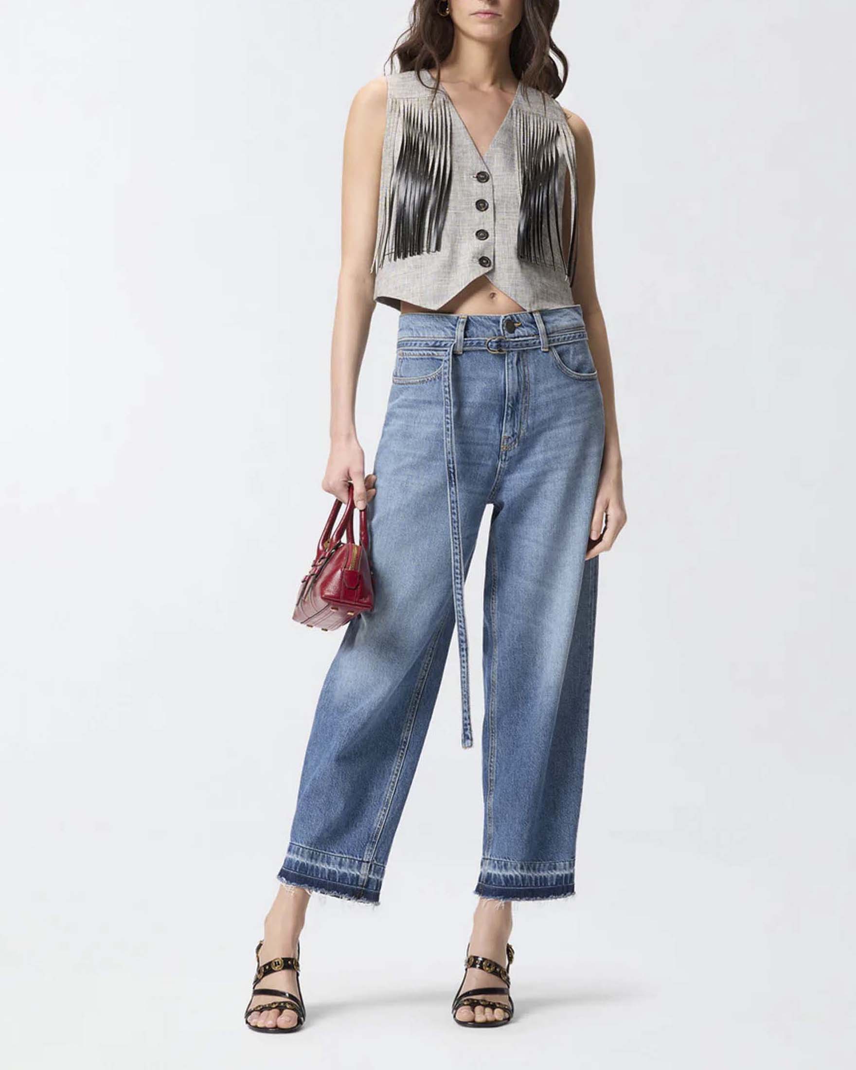 Jeans balloon Pinko super stone washed con cintura abbinata e logo Lovebirds sul retro