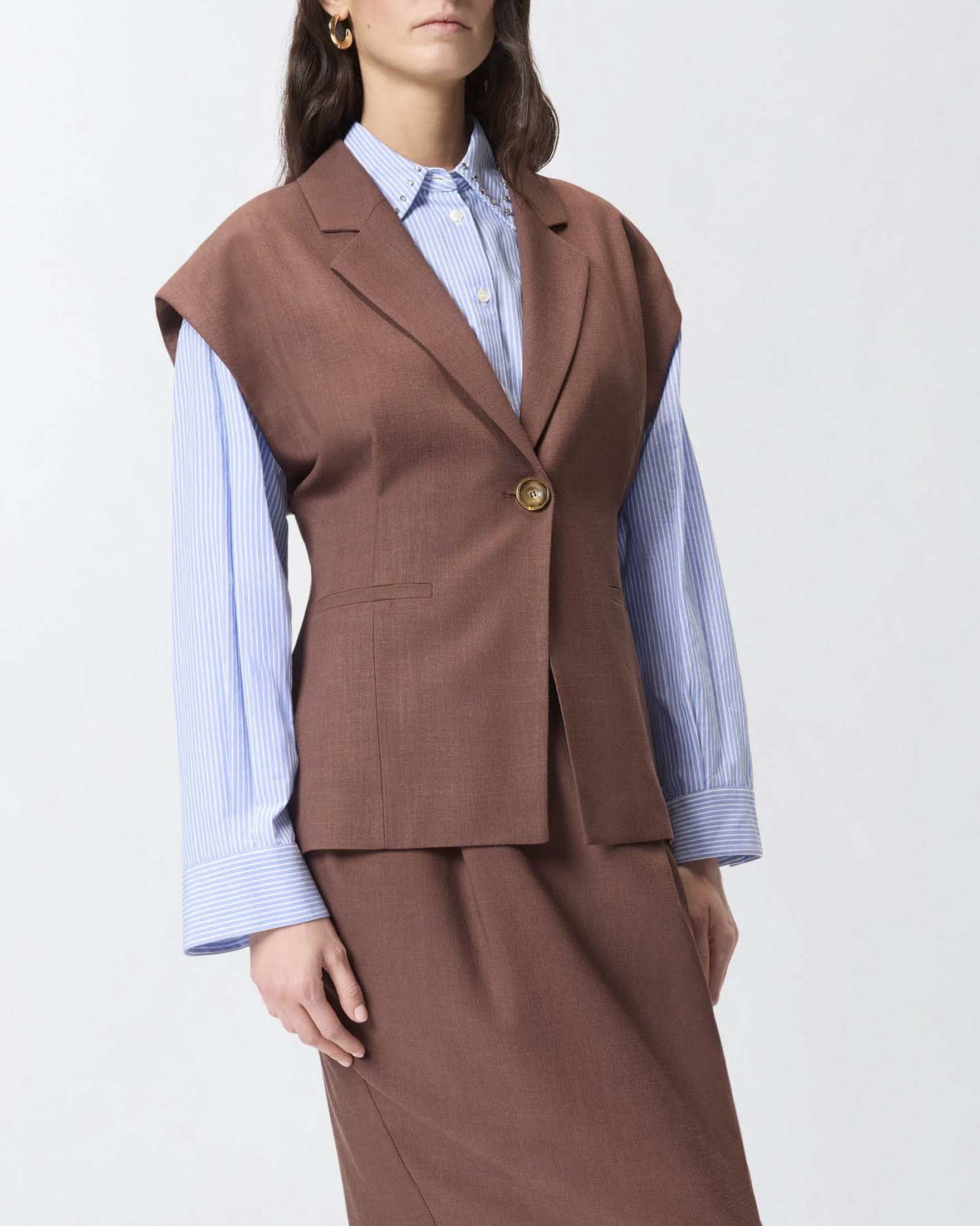 Gilet marrone Pinko in misto viscosa con pince e tasche a filetto image