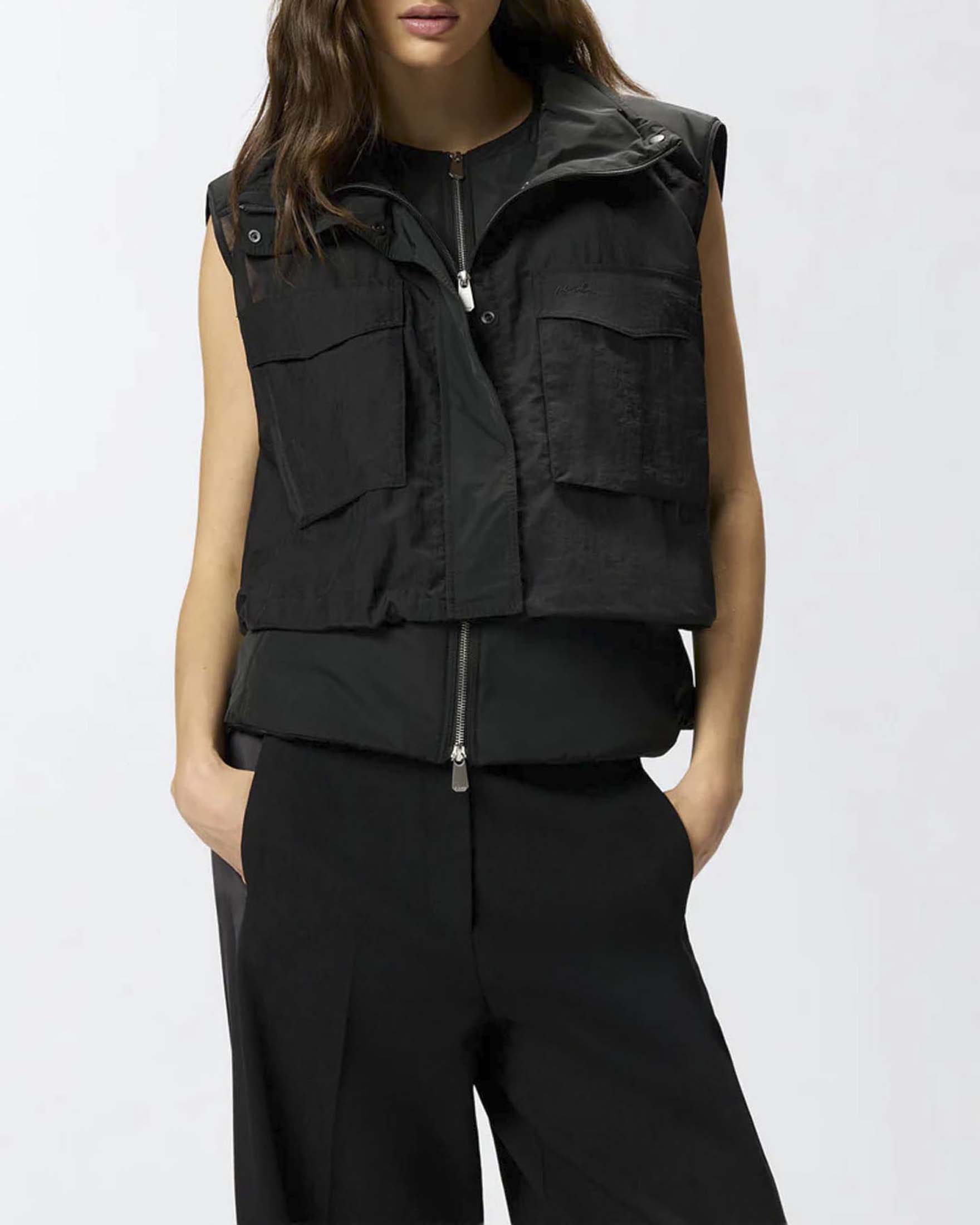 Piumino smanicato nero Pinko con coulisse e collo in piedi