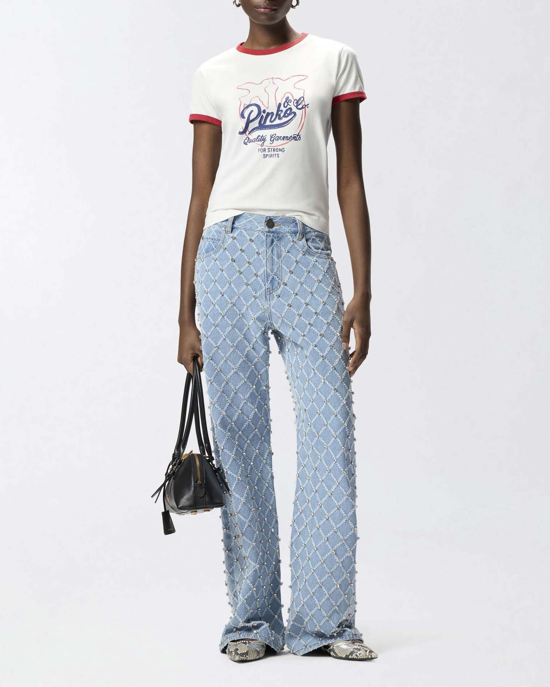 T-shirt girocollo bianca Pinko in cotone con stampa logata e bordi a contrasto