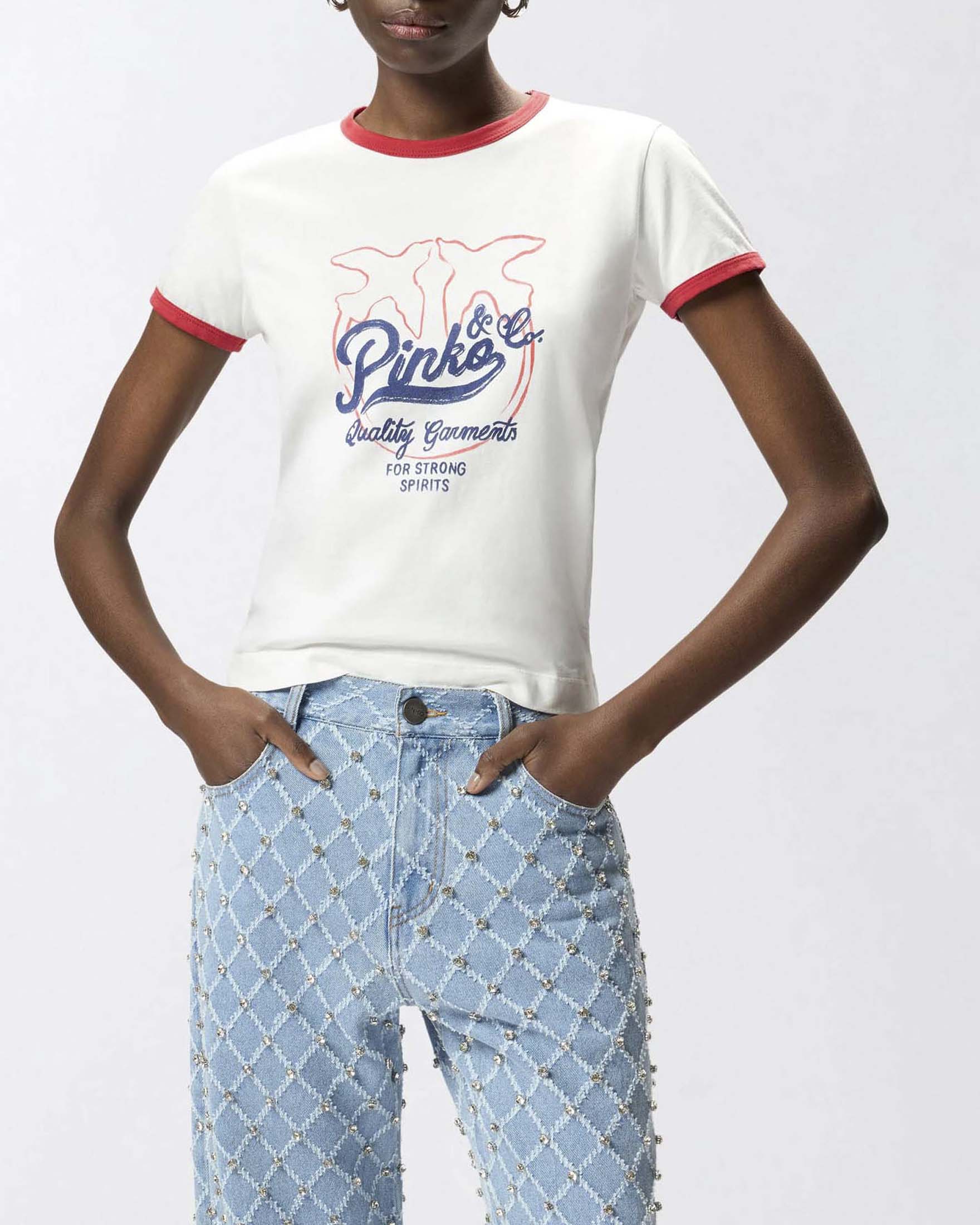 T-shirt girocollo bianca Pinko in cotone con stampa logata e bordi a contrasto image