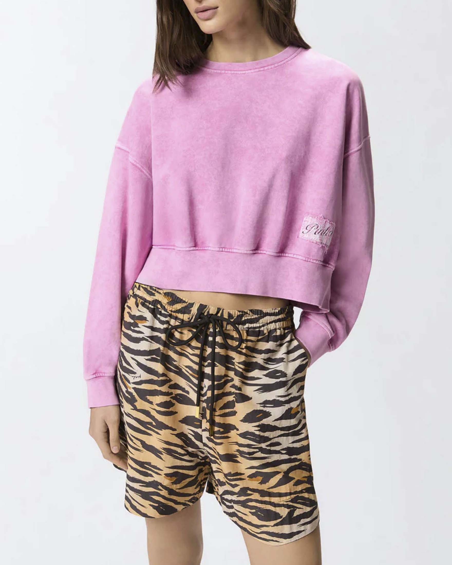 Felpa cropped fucsia Pinko in cotone effetto marmorizzato con logo sul davanti