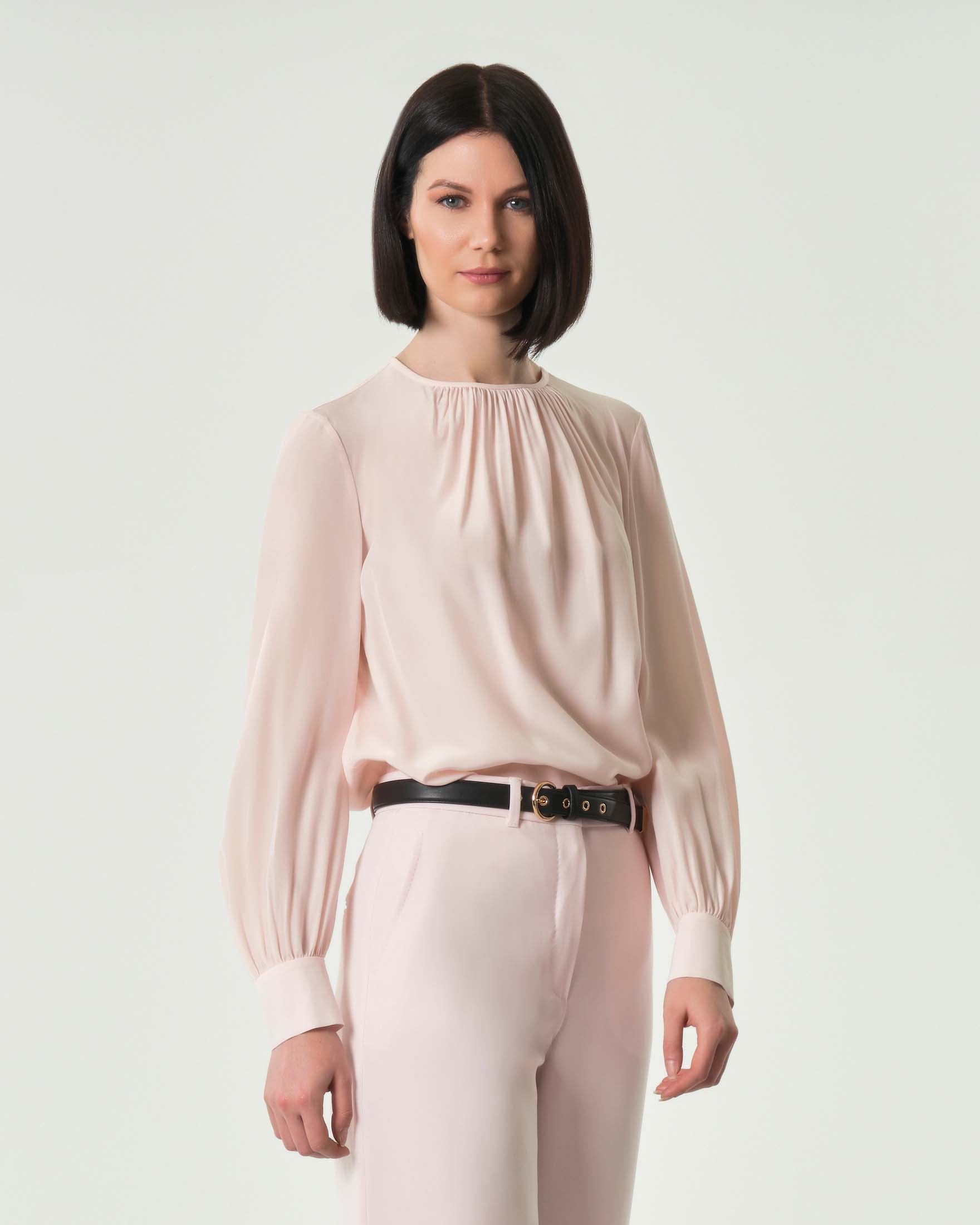 MAX MARA - STUDIO — Blusa rosa girocollo Max Mara Studio in pura seta con arricciatura sullo scollo
