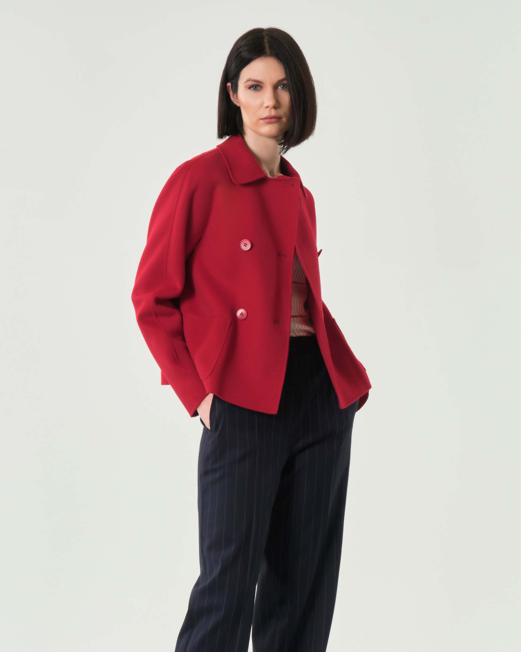 Giacca boxy doppiopetto rossa Max Mara Studio in lana cachemire e seta con collo a camicia