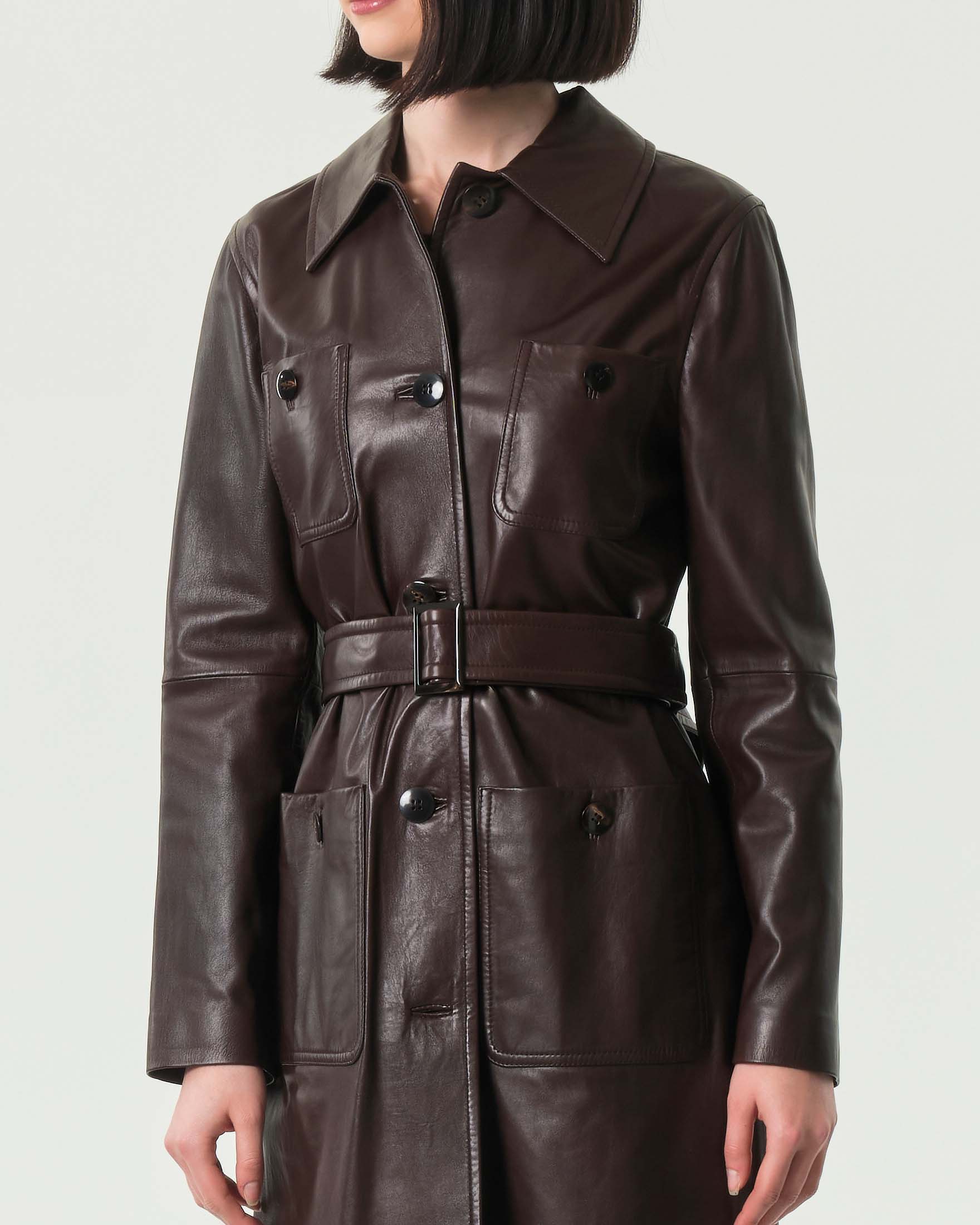 Trench in pelle Max Mara Studio testa di moro con cintura e tasche frontali a toppa image