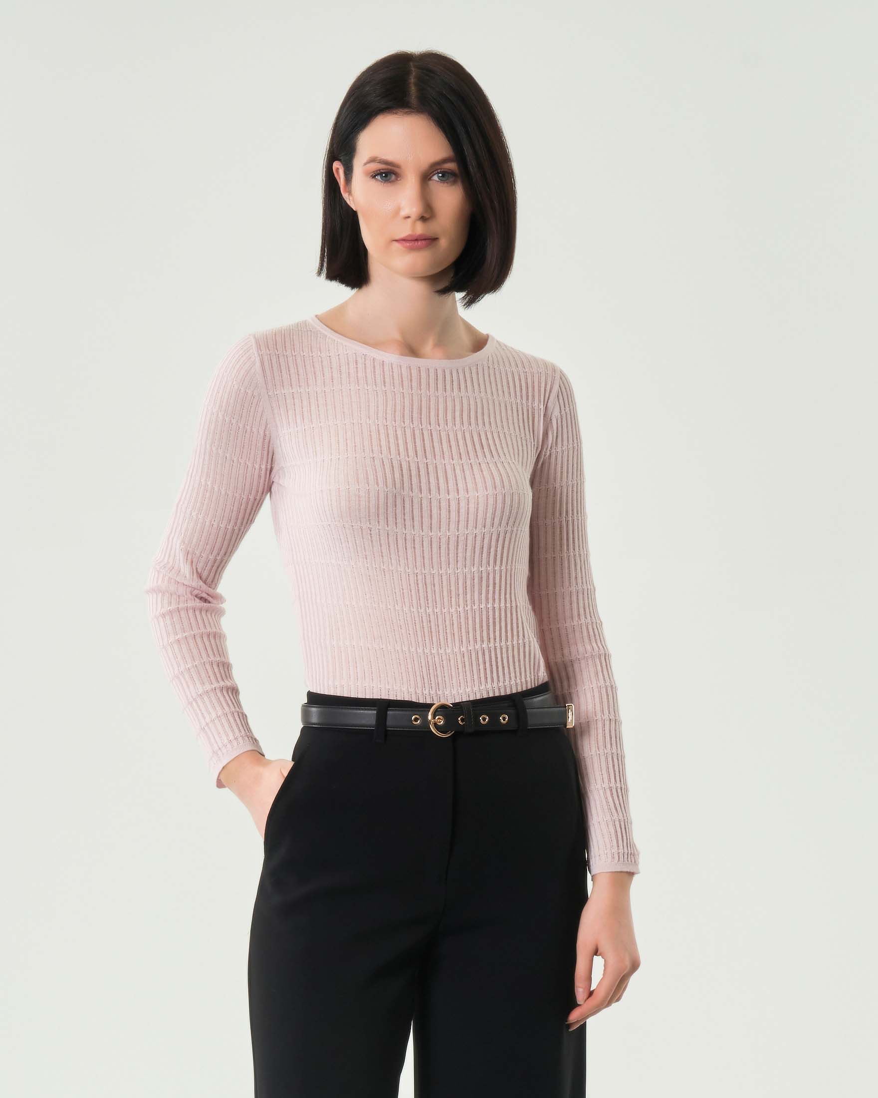 Maglia rosa a maniche lunghe Max Mara Studio in lana e seta lavorata a coste piatte