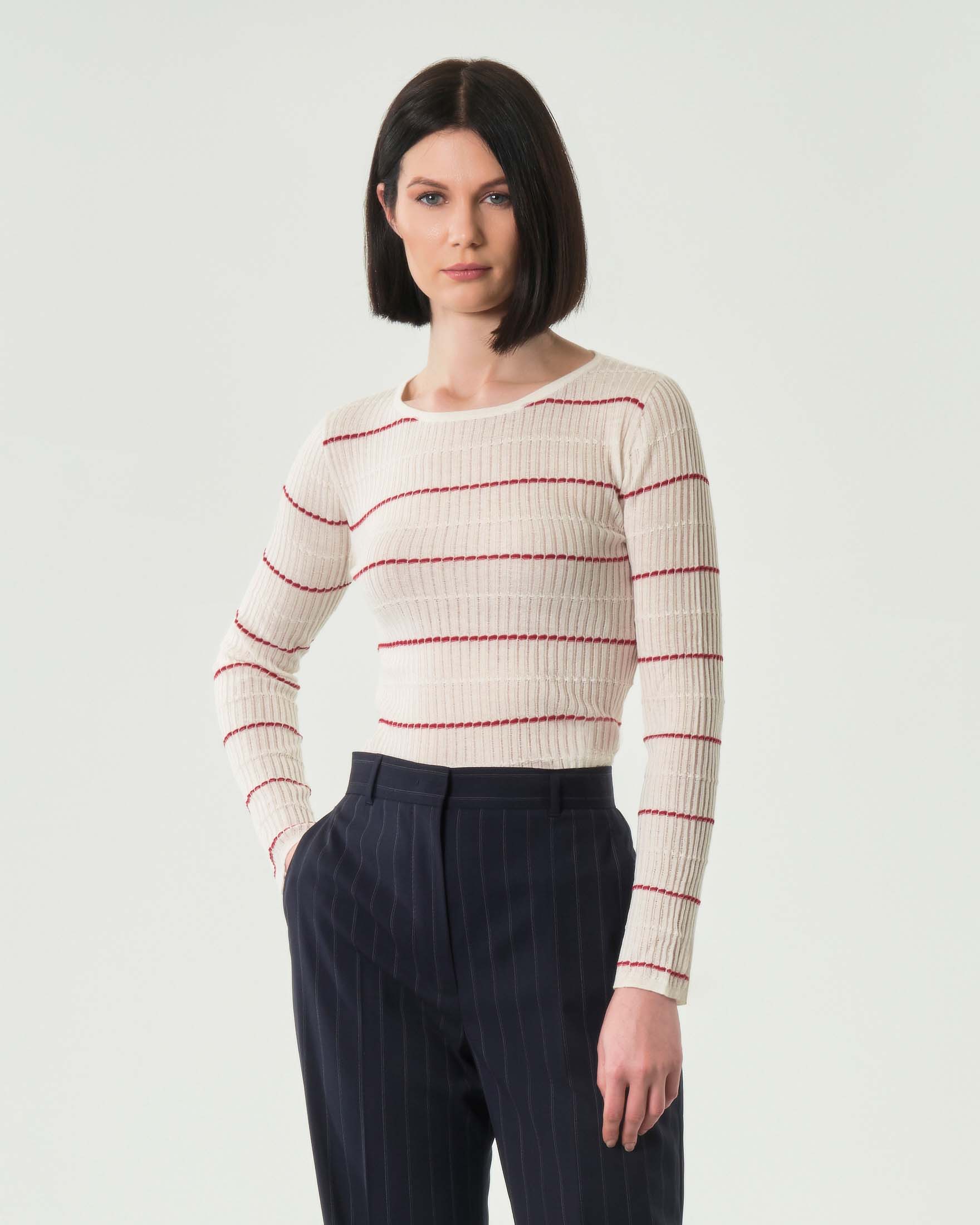 Maglia avorio a righe rosse Max Mara Studio in lana e seta lavorata a coste piatte
