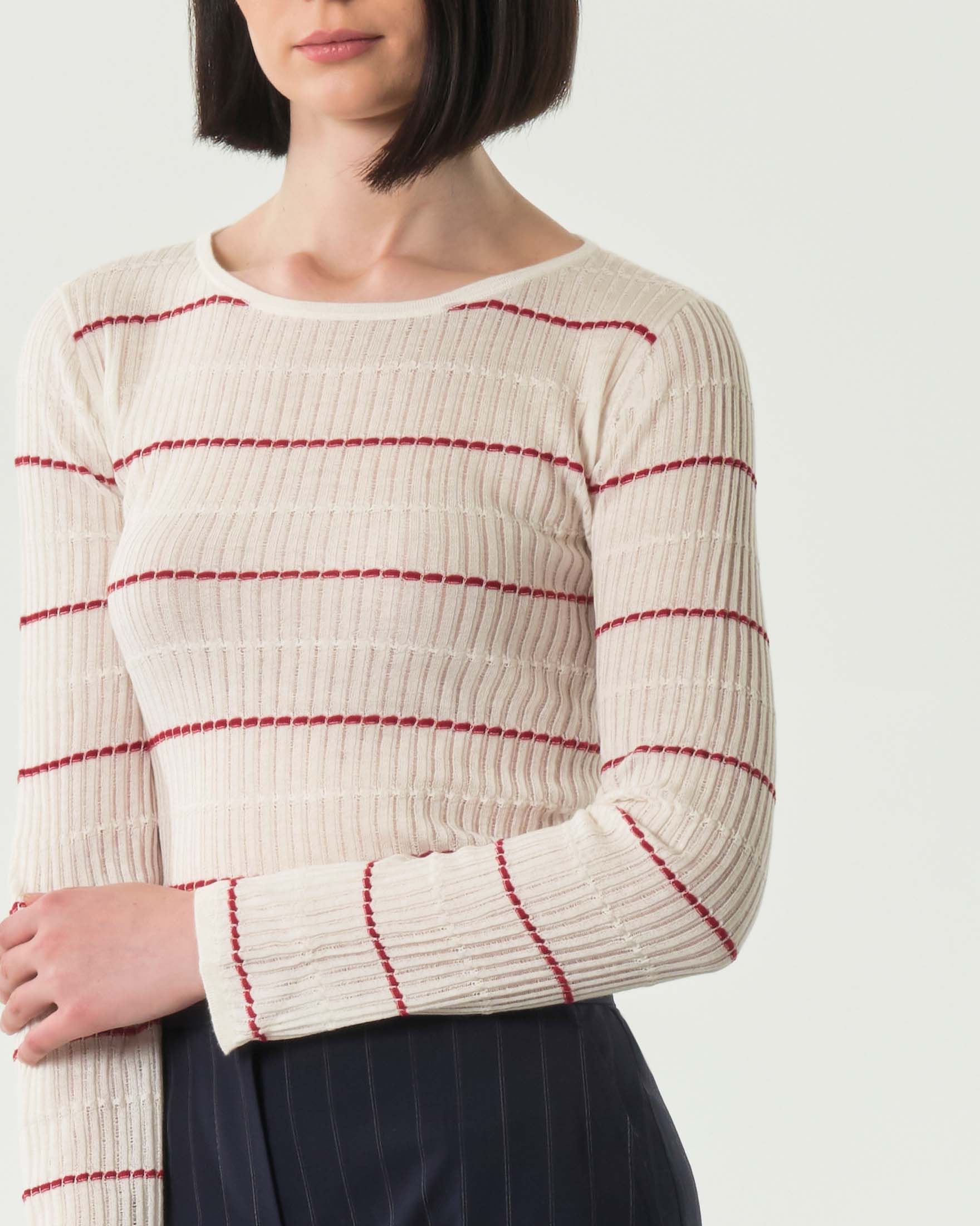 Maglia avorio a righe rosse Max Mara Studio in lana e seta lavorata a coste piatte image