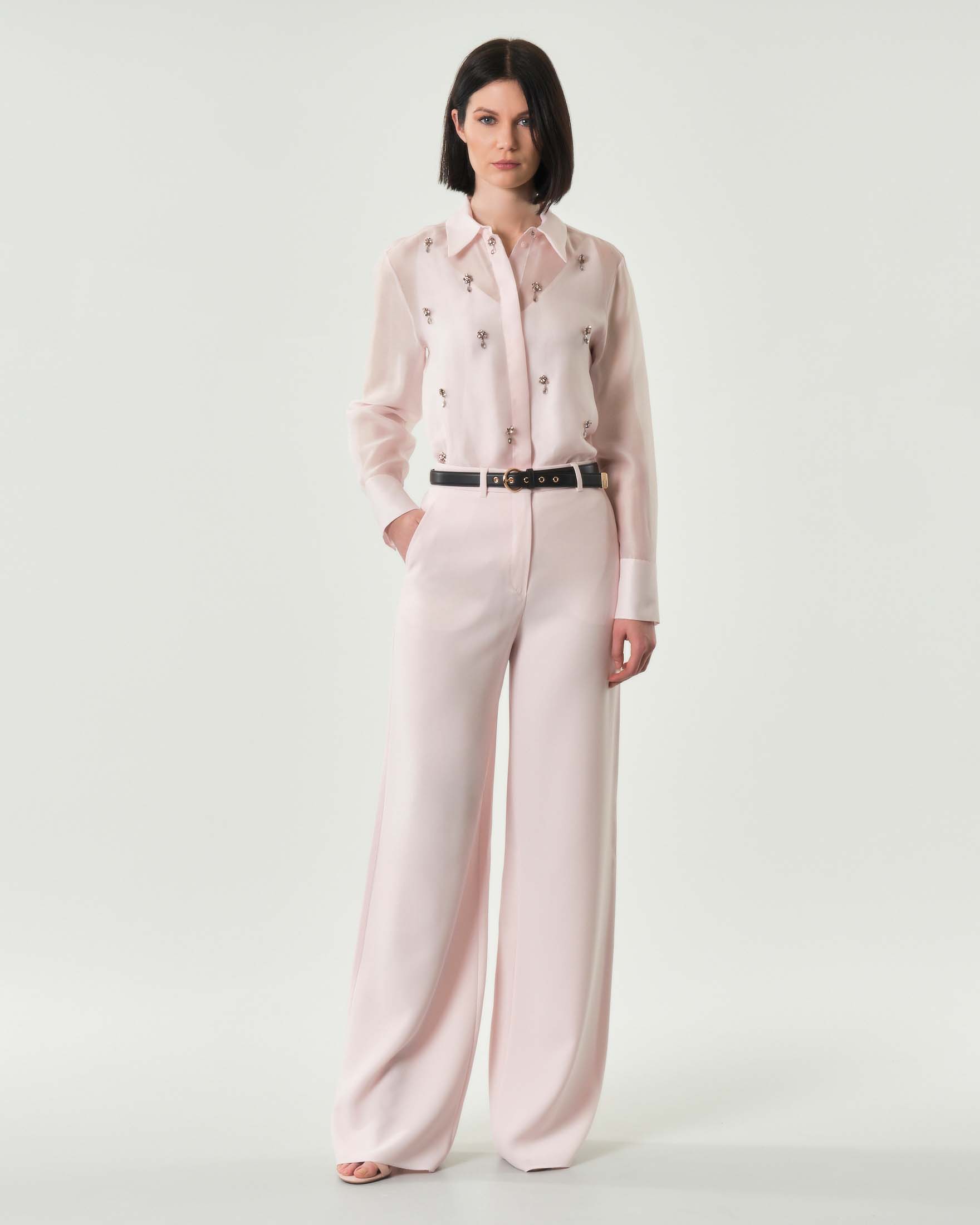 Pantalone rosa a palazzo Max Mara Studio in cady con cintura abbinata