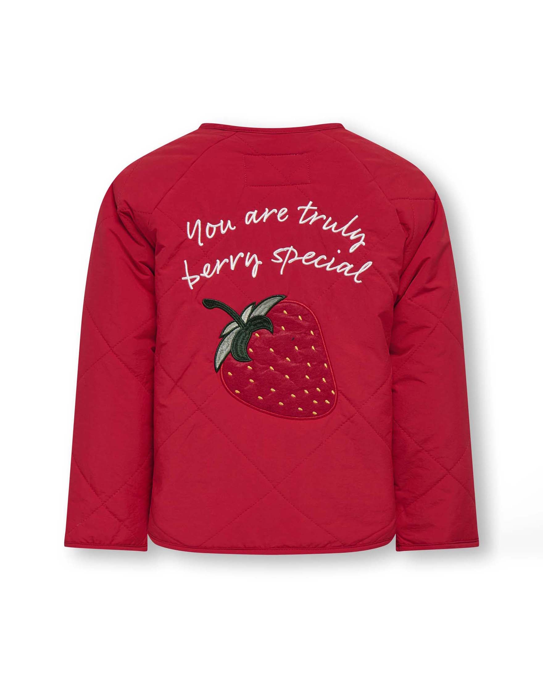 Giacca trapuntata Kids Only rossa con patch fragola sul retro image