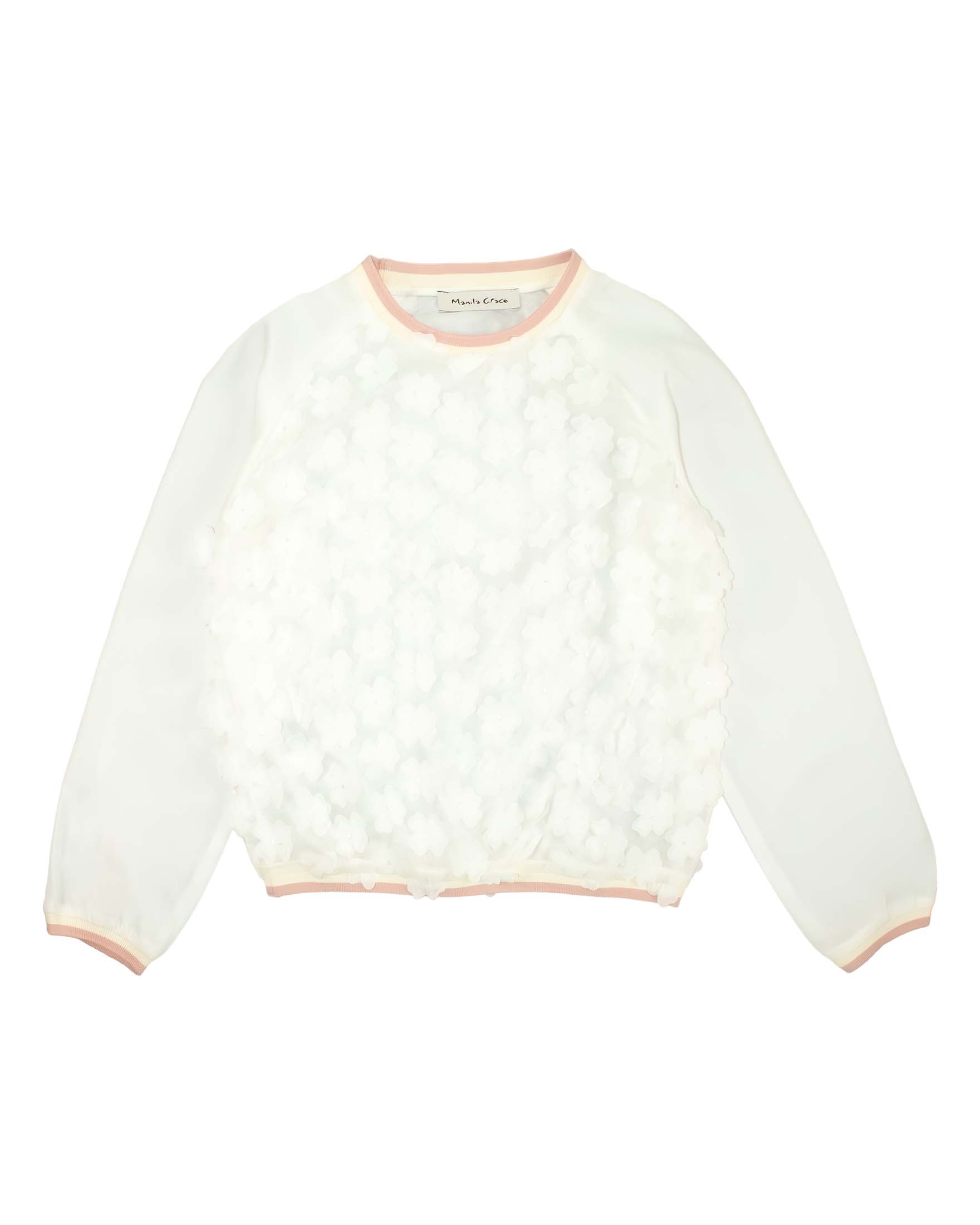 Camicia bianca con applicazione floreale e bordi rosa