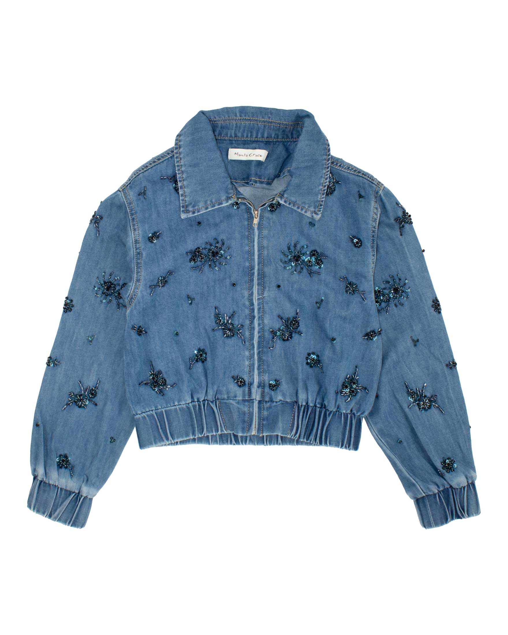 Giacca bomber Manila Grace blu in chambray con perline