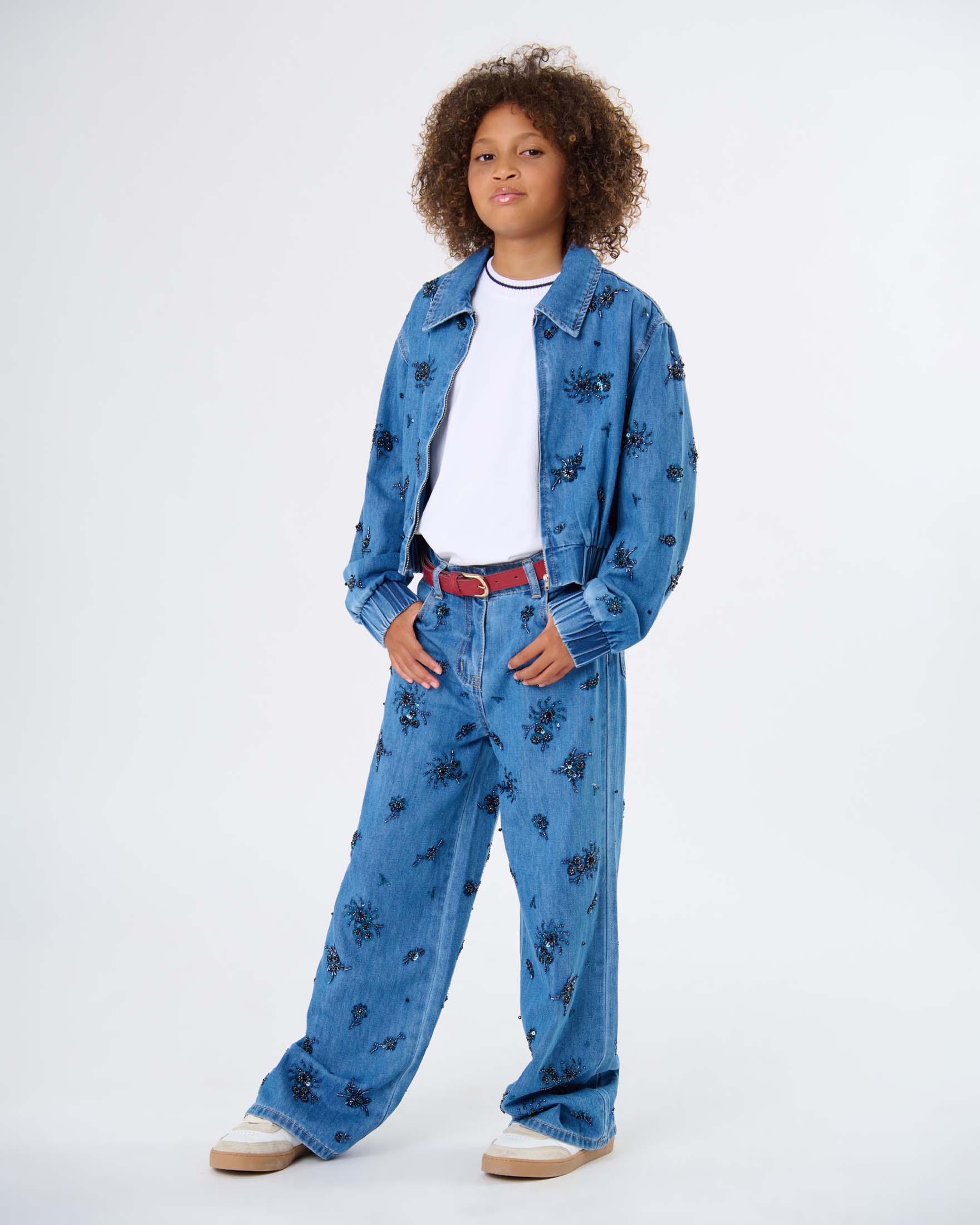 Giacca bomber Manila Grace blu in chambray con perline image