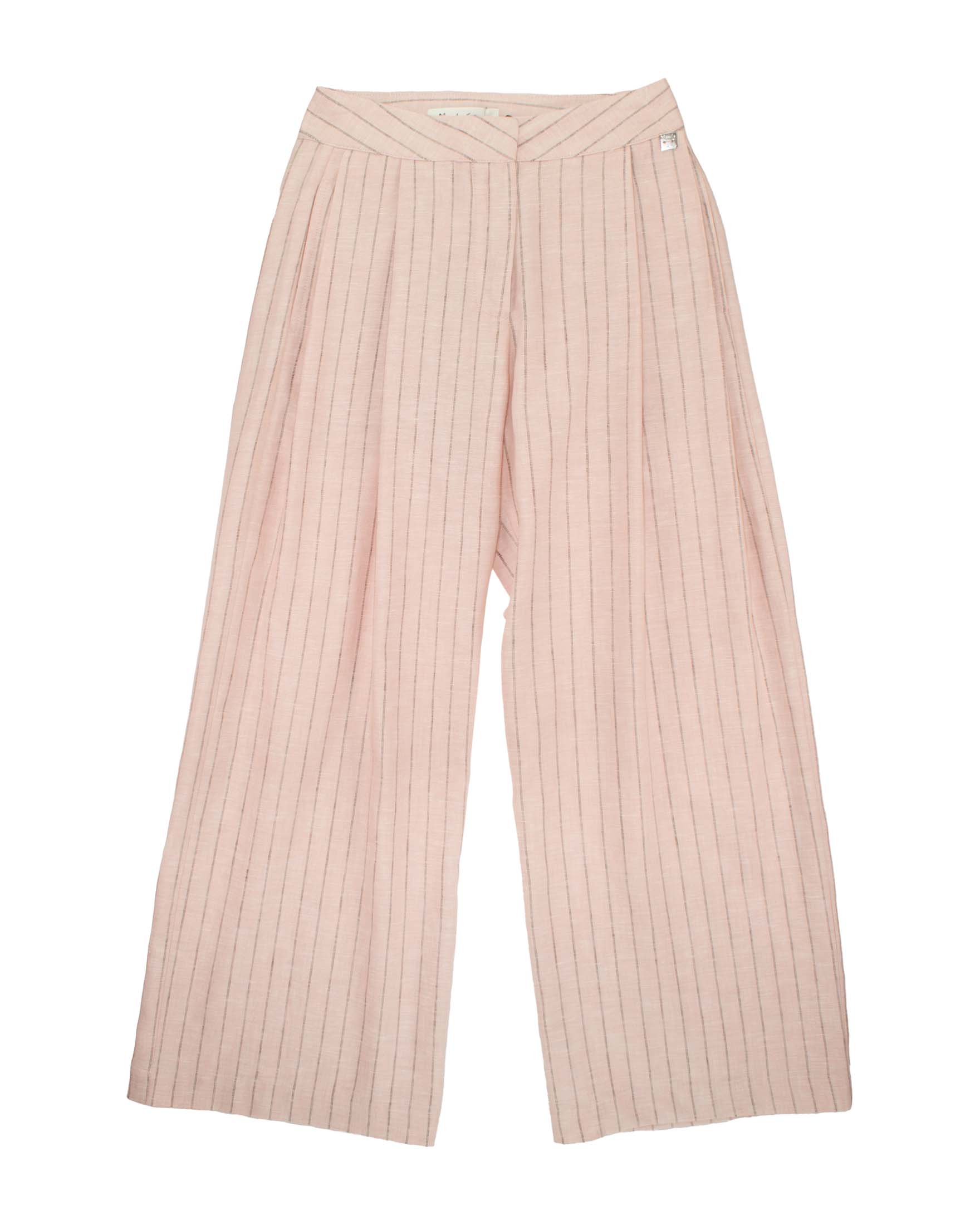 Pantalone palazzo gessato in misto lino rosa