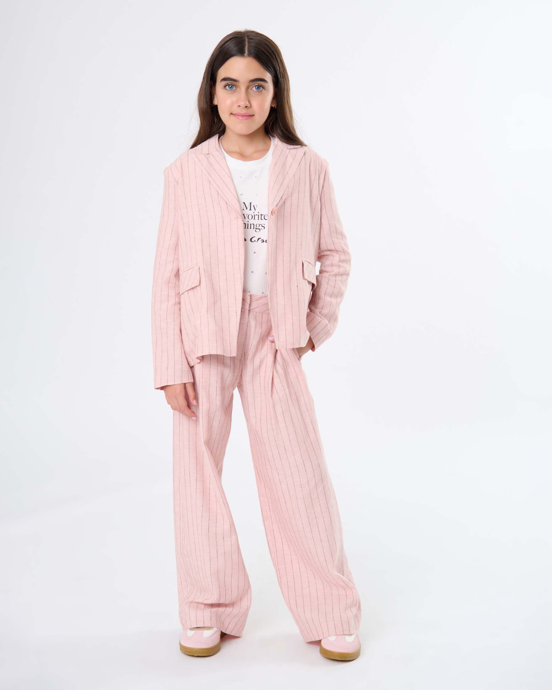 Pantalone palazzo Manila Grace gessato in misto lino rosa image