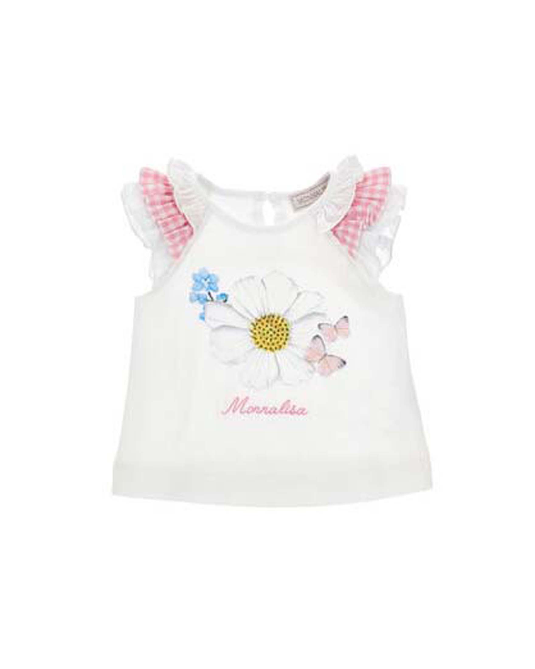 T-shirt bianca Monnalisa in cotone con volant e stampa fiori e farfalle