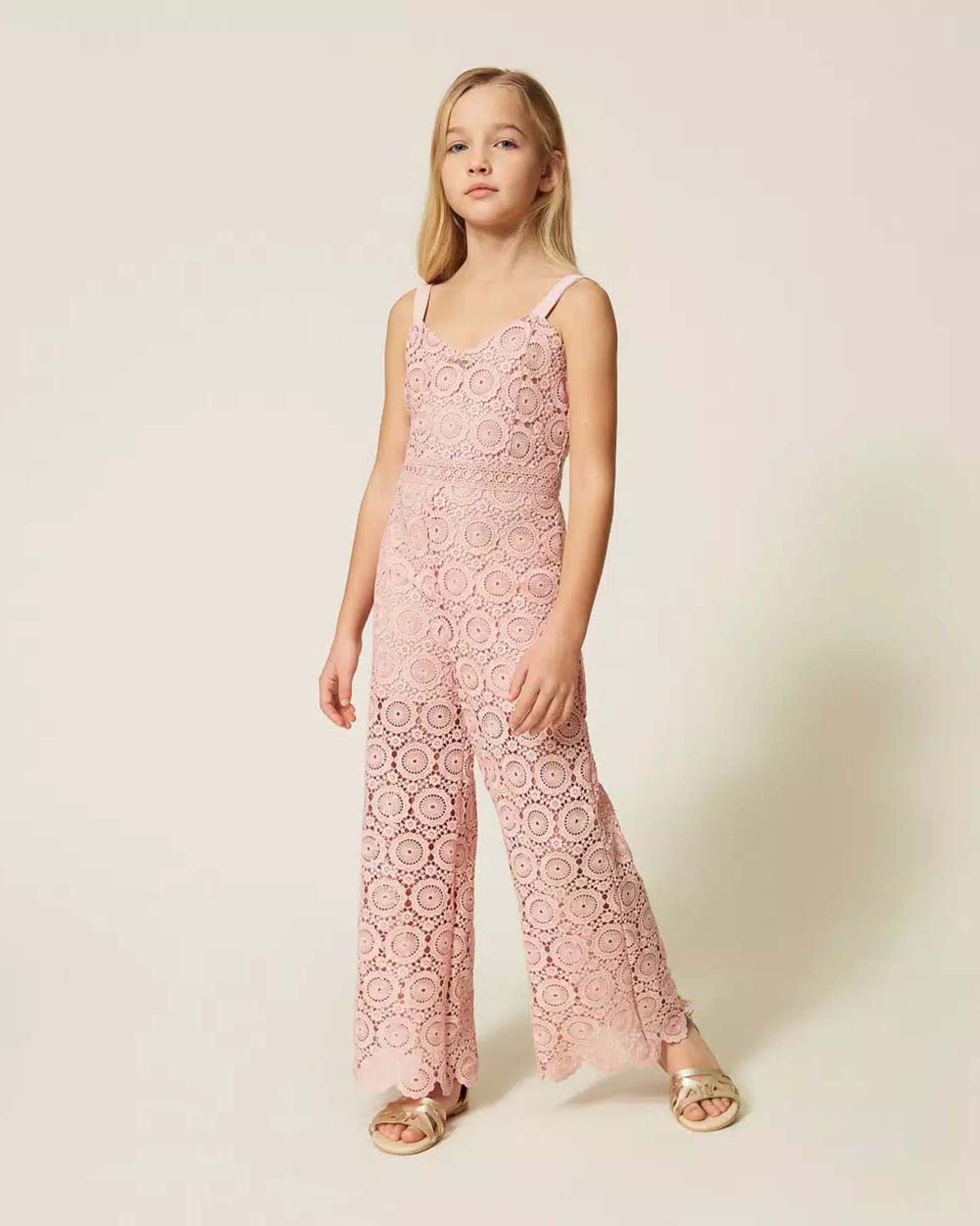 Tuta in pizzo macramè Twinset rosa cipria